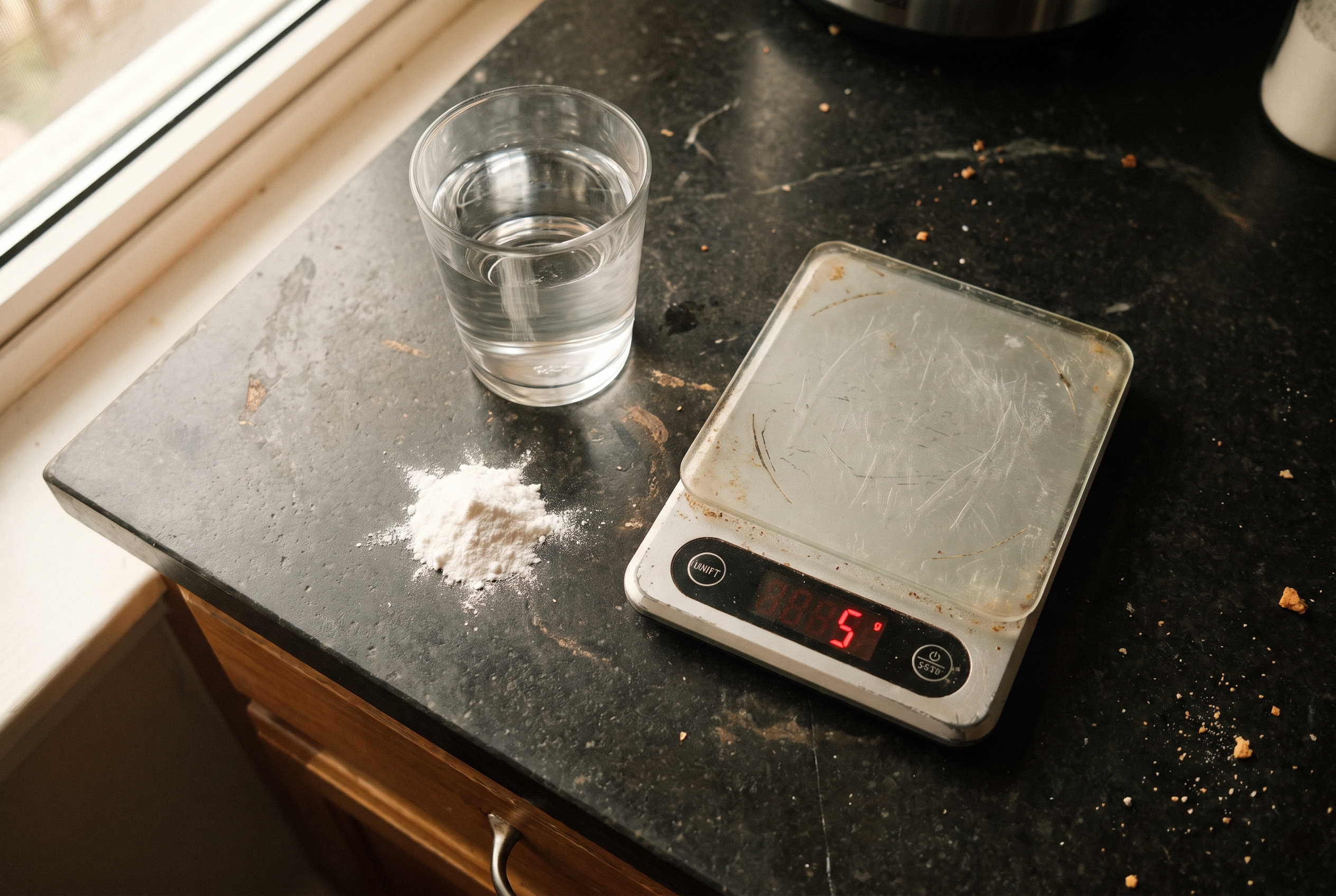 Tägliche Kreatin-Dosis abgewogen – 5 Gramm auf der Küchenwaage