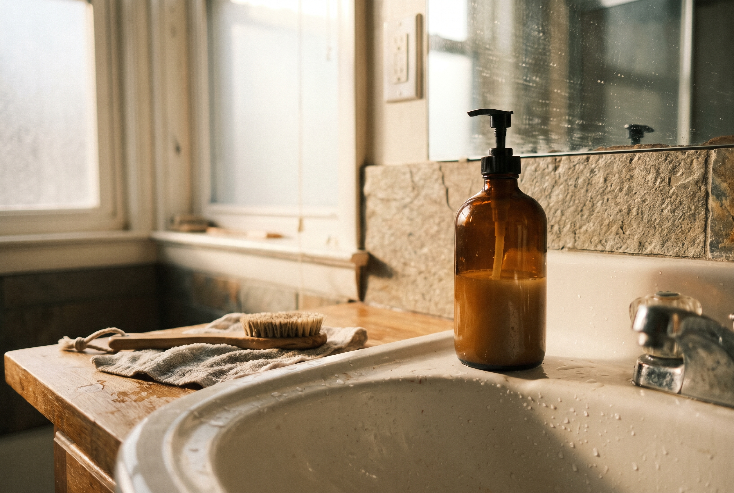 Gesichtsreiniger für empfindliche Männerhaut morgens am Waschbecken