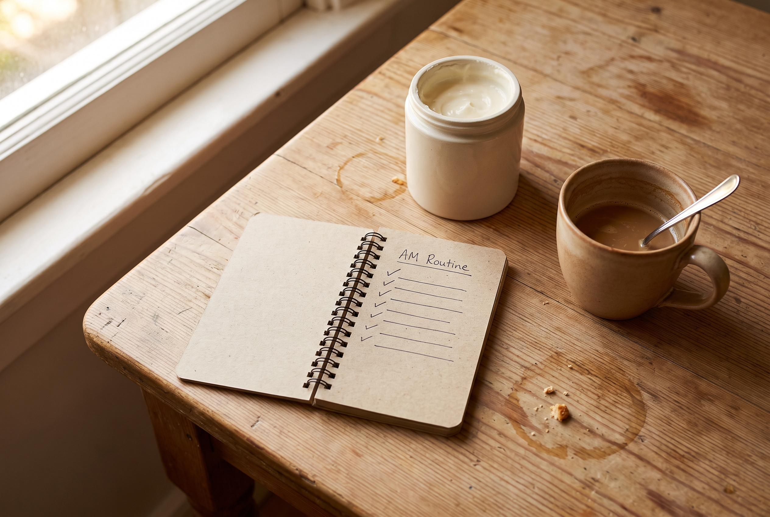 Hautpflege Routine Tracker Notizbuch mit Feuchtigkeitscreme und Kaffeetasse