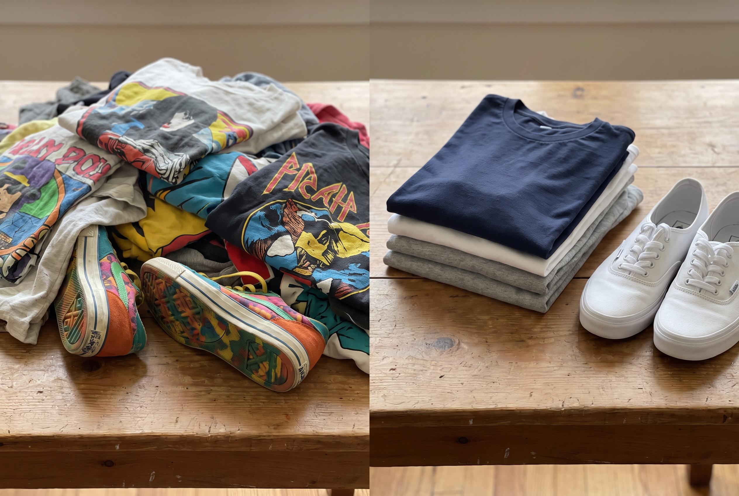 Vorher-Nachher: bunte Prints vs. schlichte Basics