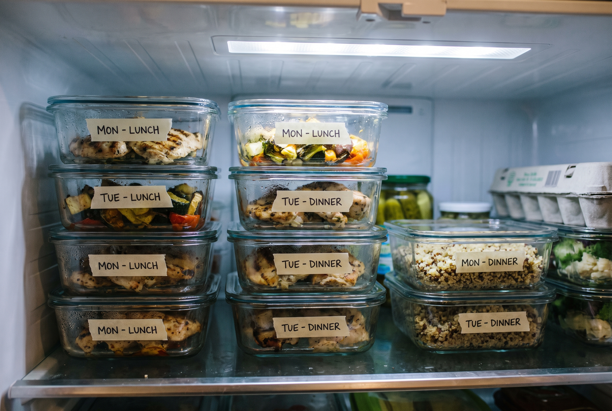 Meal Prep Behälter organisiert im Kühlschrank beschriftet