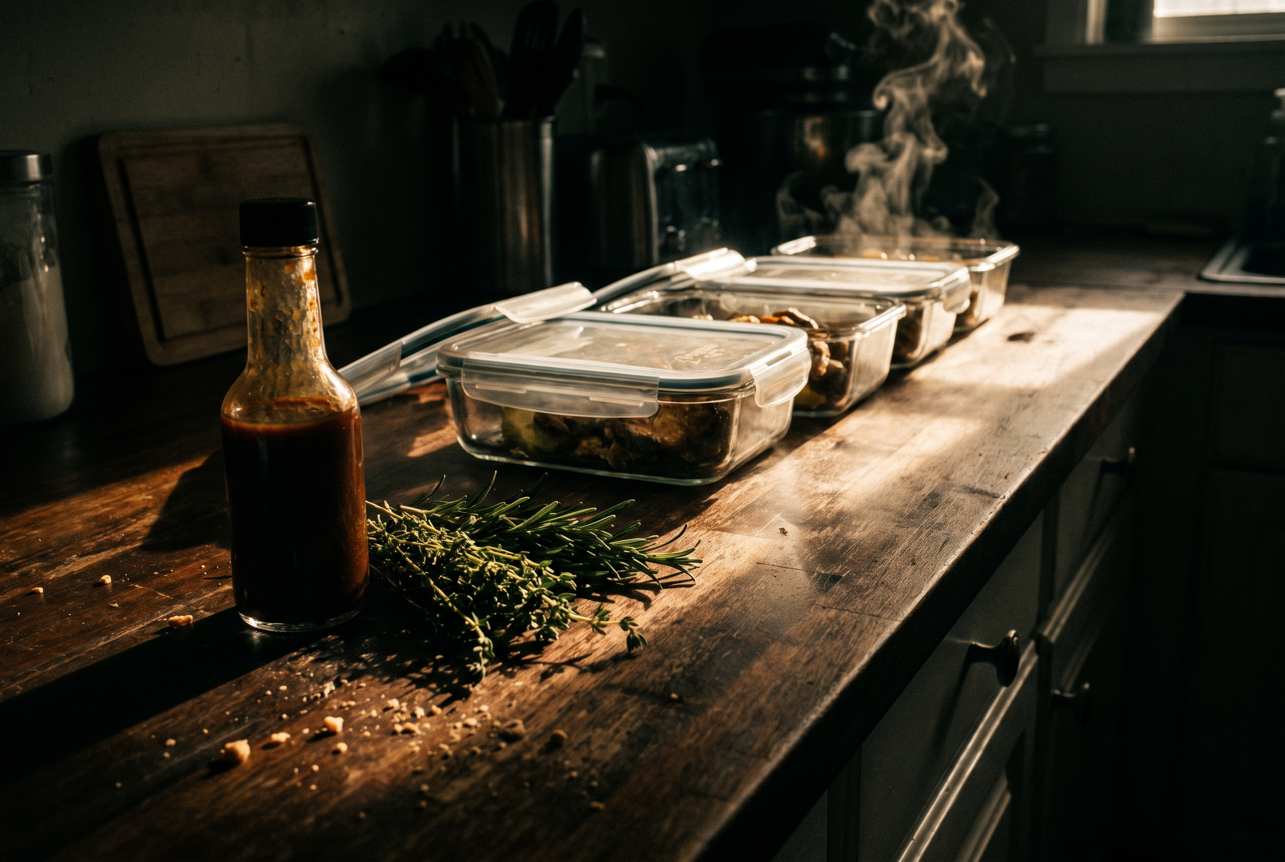 Meal Prep Anfänger Glasboxen mit vorbereiteten Mahlzeiten auf Küchentisch