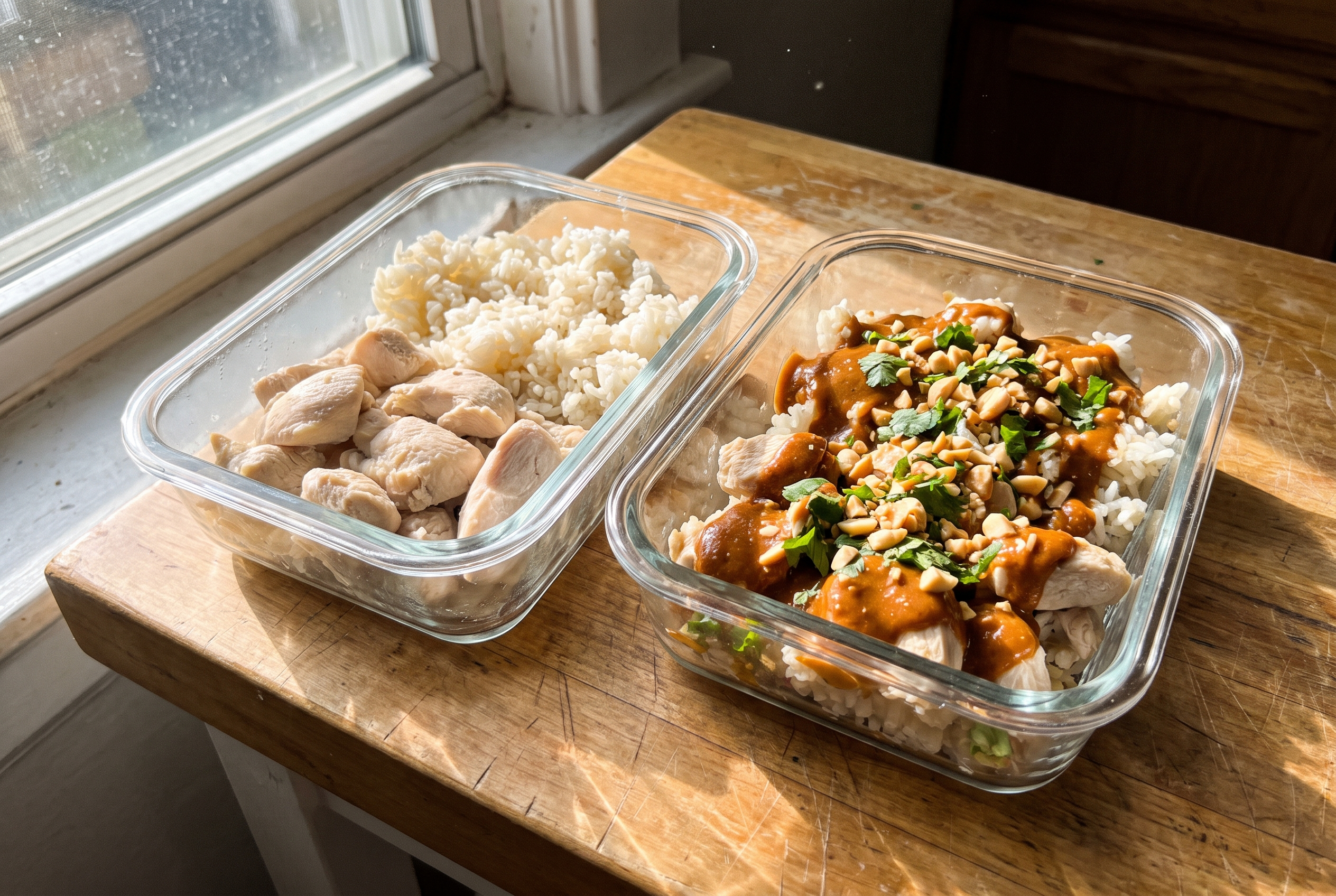 Meal Prep mit und ohne Sauce Vergleich in Glasboxen