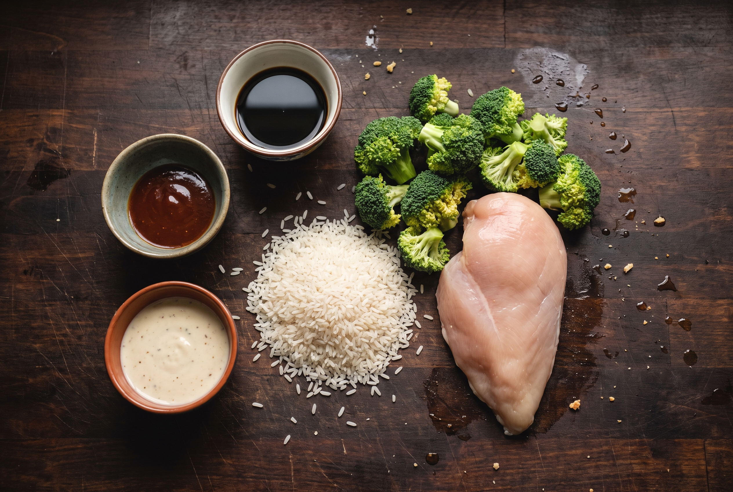 Meal Prep Zutaten Proteinquelle Reis Gemüse Sauces auf Arbeitsfläche