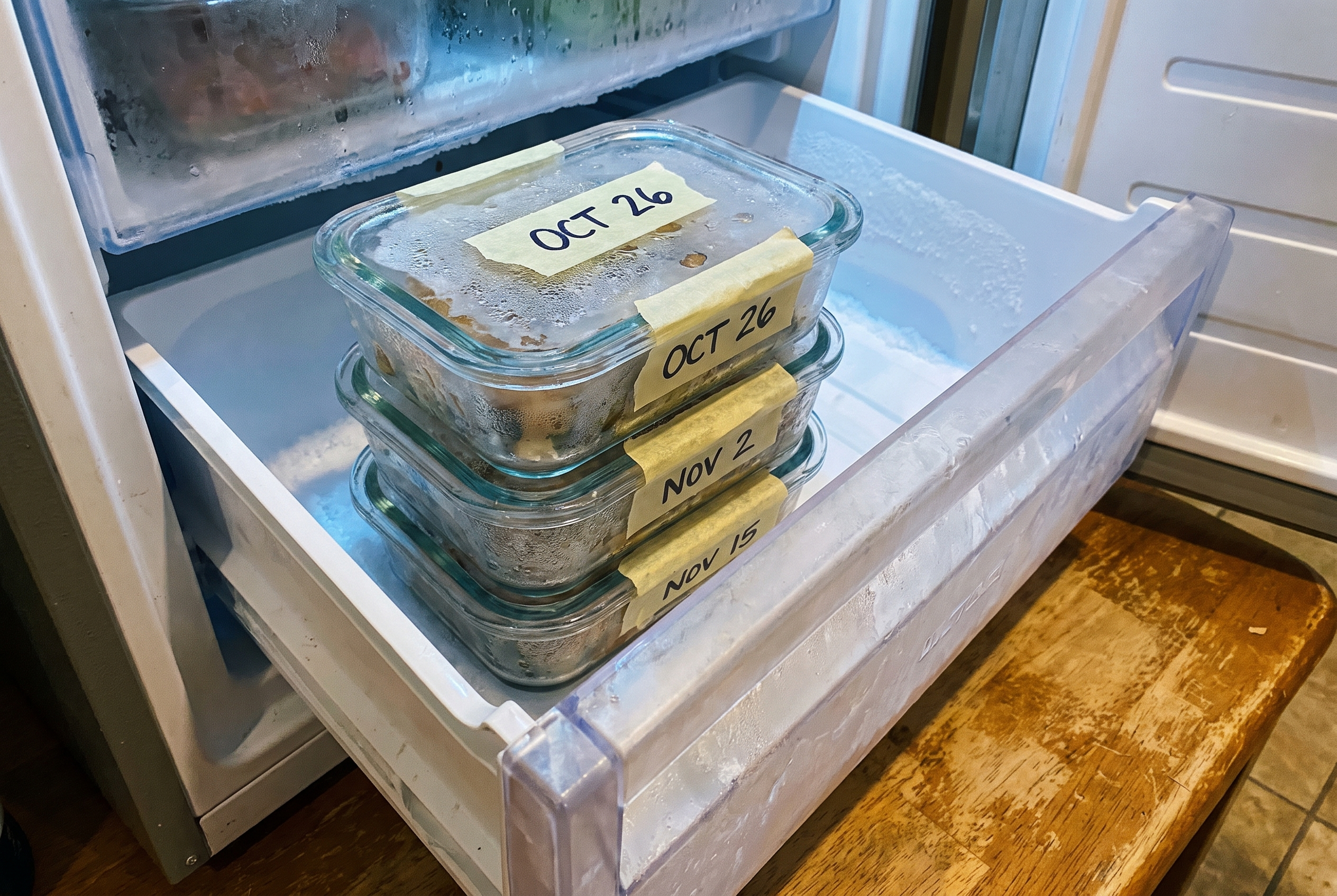 Eingefrorene Meal Prep Portionen beschriftet im Gefrierschrank