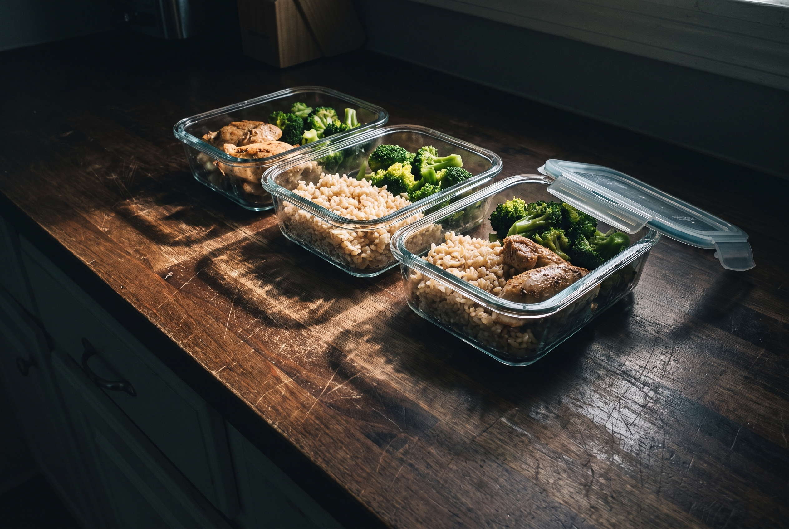 Meal Prep Männer Kühlschrank Organisation mit drei fertigen Behältern