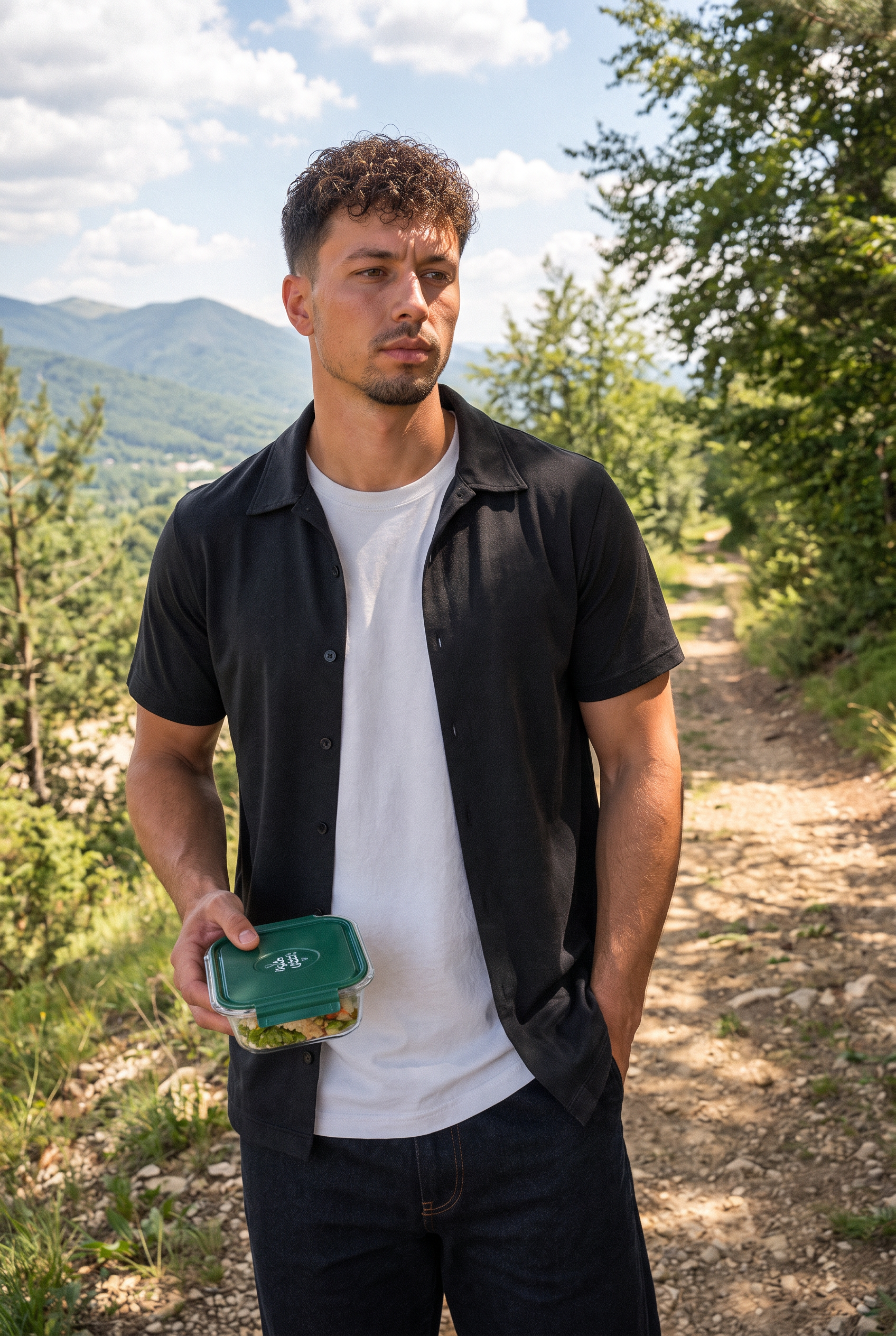 Fabian Waizenhöfer mit Meal Prep Behälter in der Küche