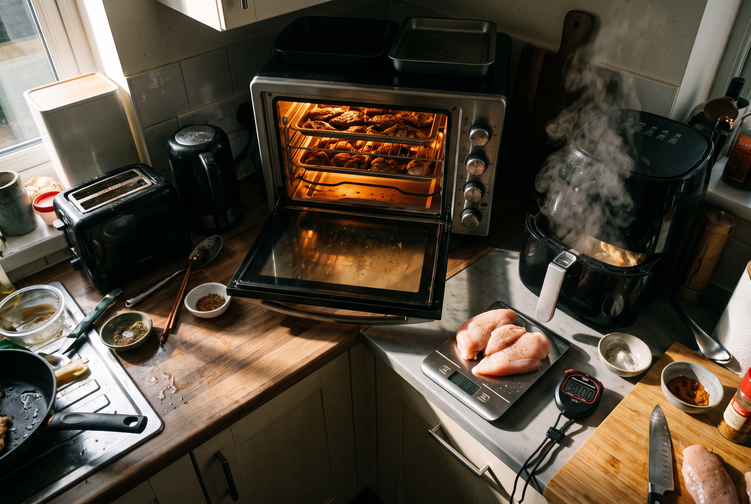 Meal Prep Geräte gleichzeitig im Einsatz — Backofen, Airfryer, Waage und Timer