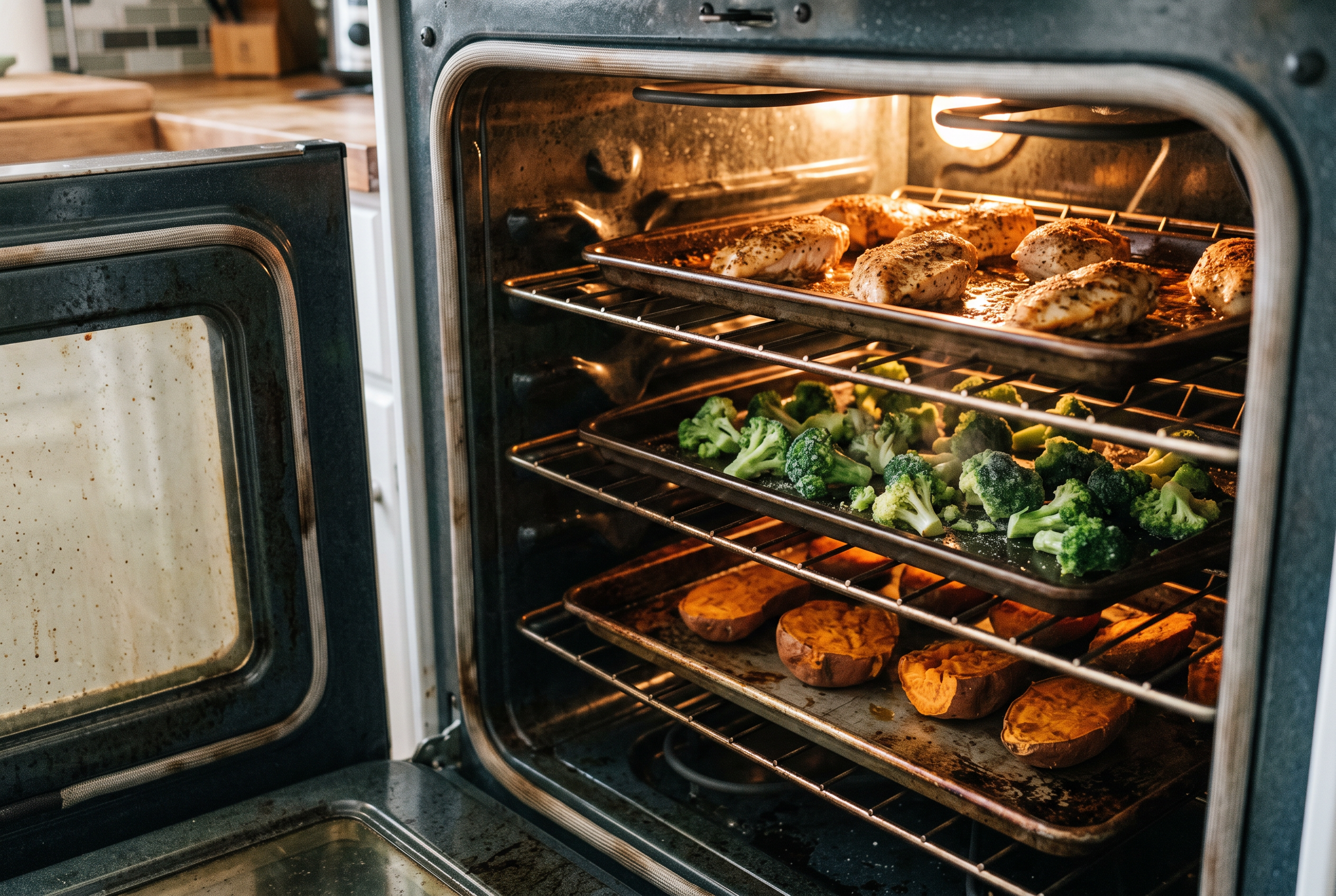 Backofen mit drei Ebenen gleichzeitig — Poulet, TK-Gemüse und Süsskartoffeln