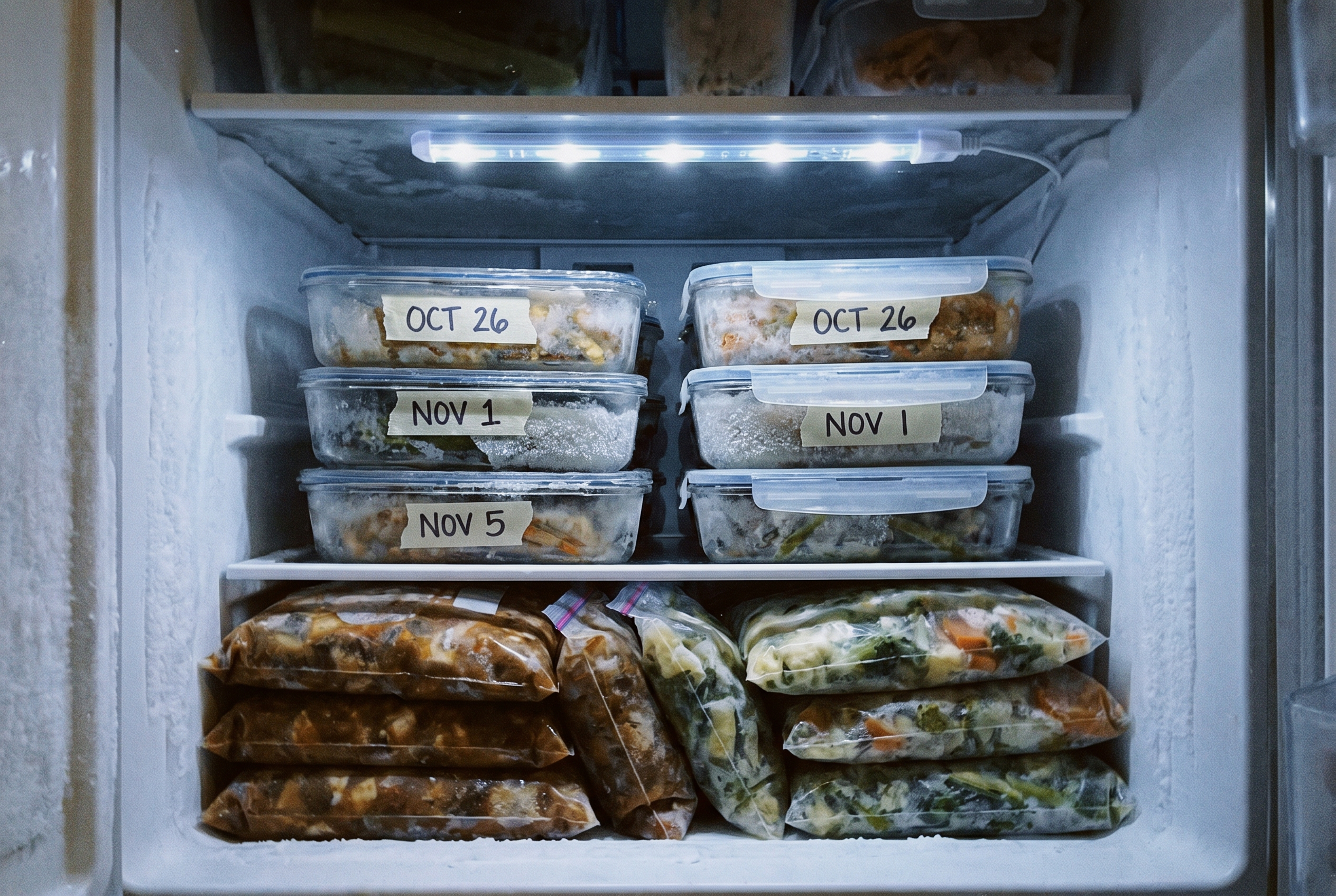 Gefrierfach mit Meal Prep Männer Portionen beschriftet