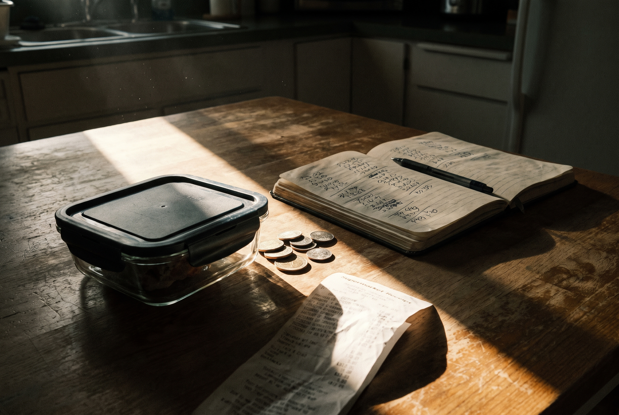 Meal Prep Geld sparen — Vorbereitung auf dem Küchentisch mit Meal-Prep-Box, Münzen und Einkaufszettel