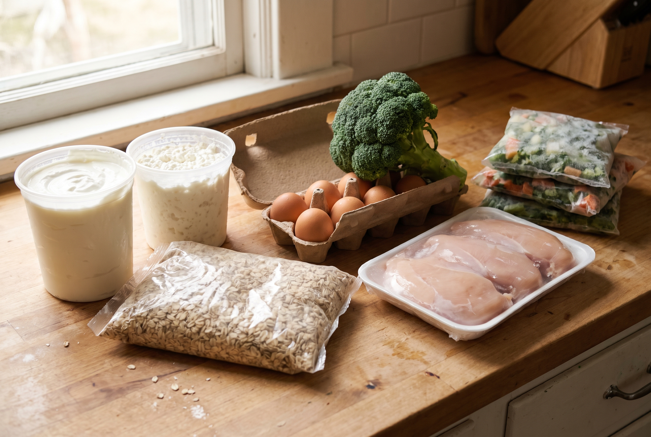 Grundnahrungsmittel für Meal Prep — Quark, Haferflocken, Poulet, TK-Gemüse und Eier