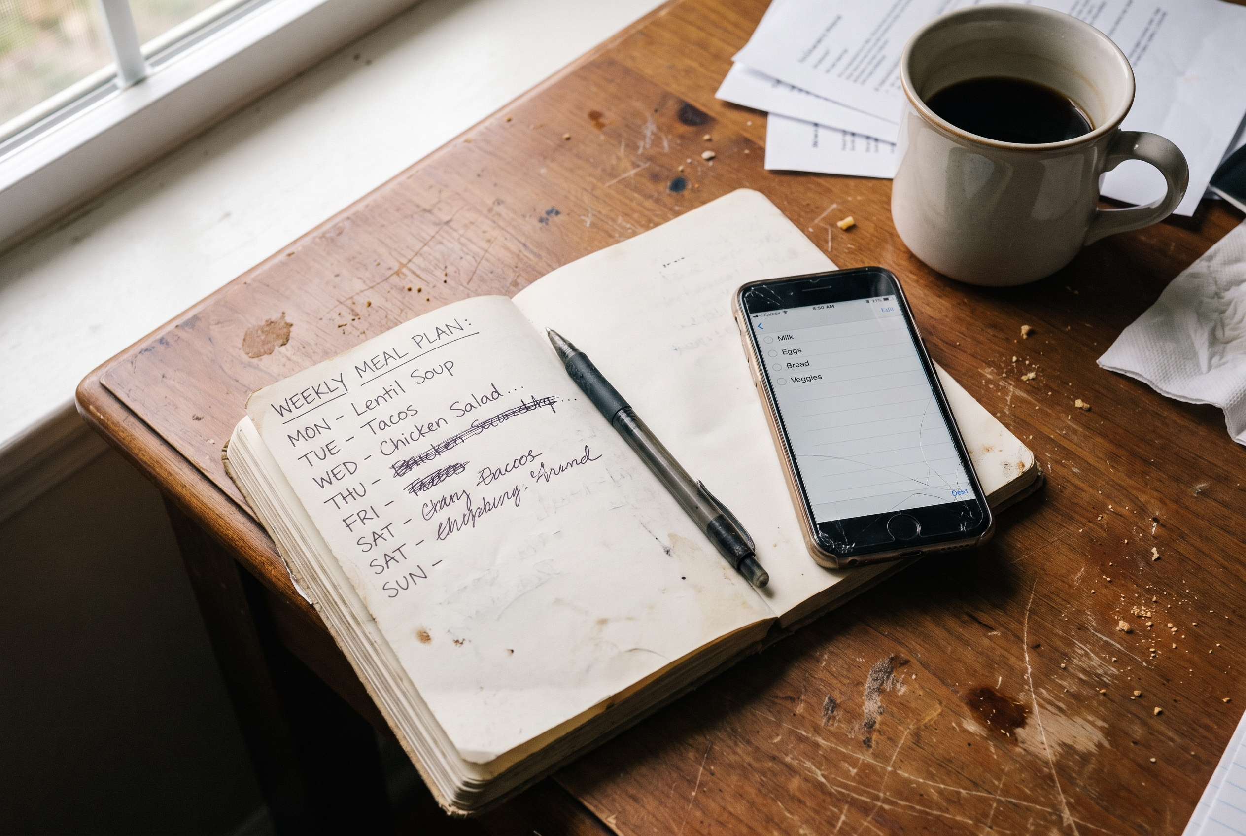 Wochenplan und Einkaufsliste für Meal Prep — Planung am Schreibtisch