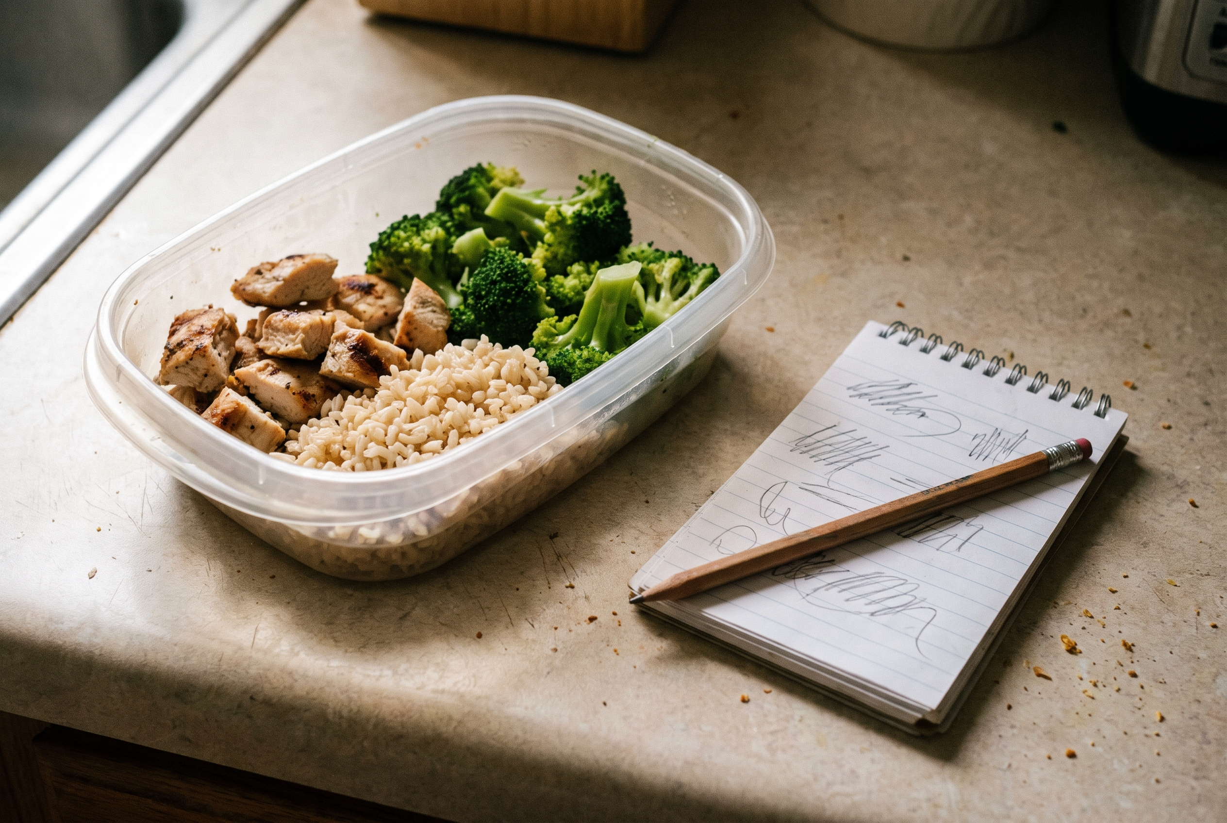 Monk Mode Ernährung: einfache Meal-Prep-Box auf Küchentheke