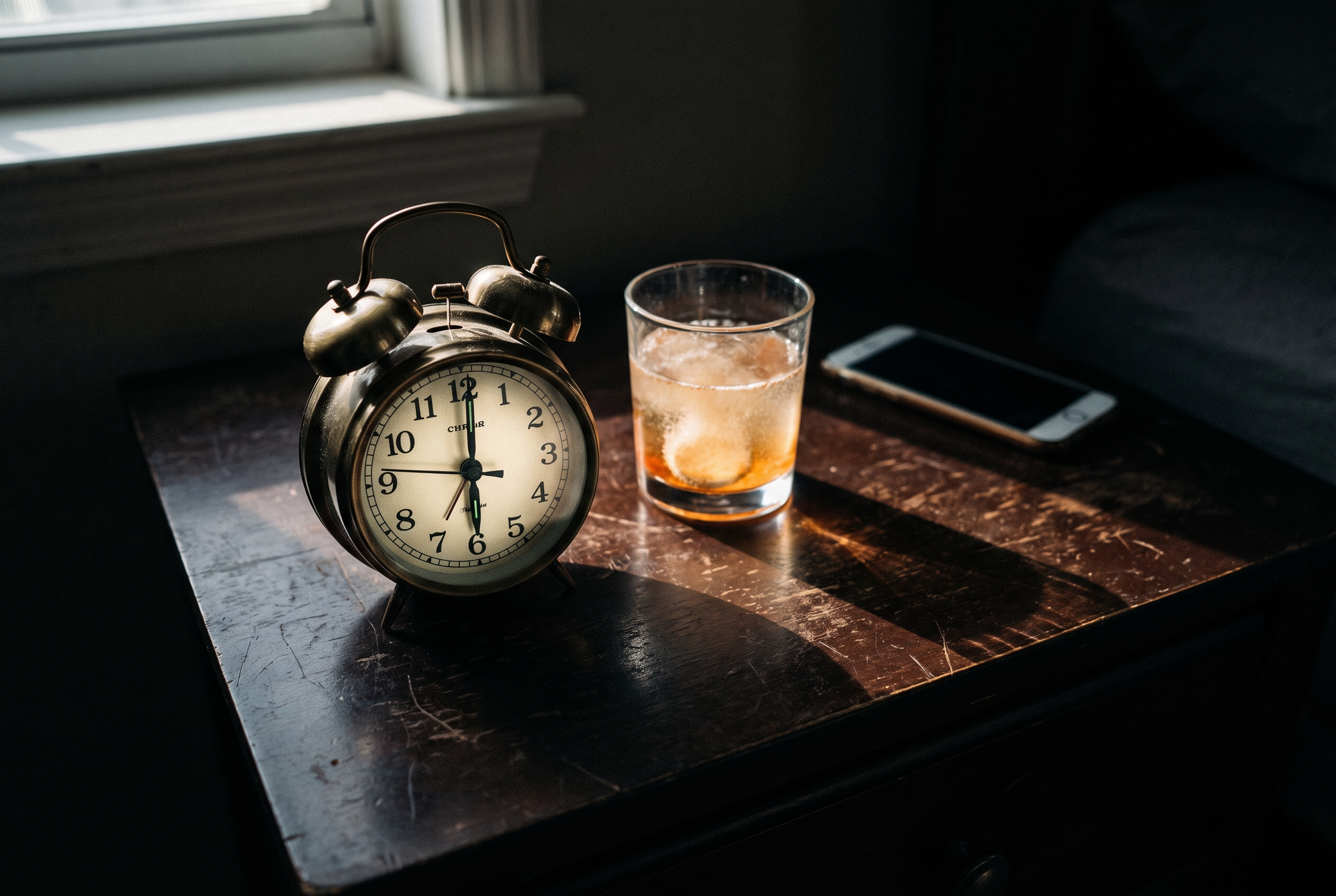 Wecker neben Wasserglas am Morgen — Morgenroutine für Männer beginnt hier