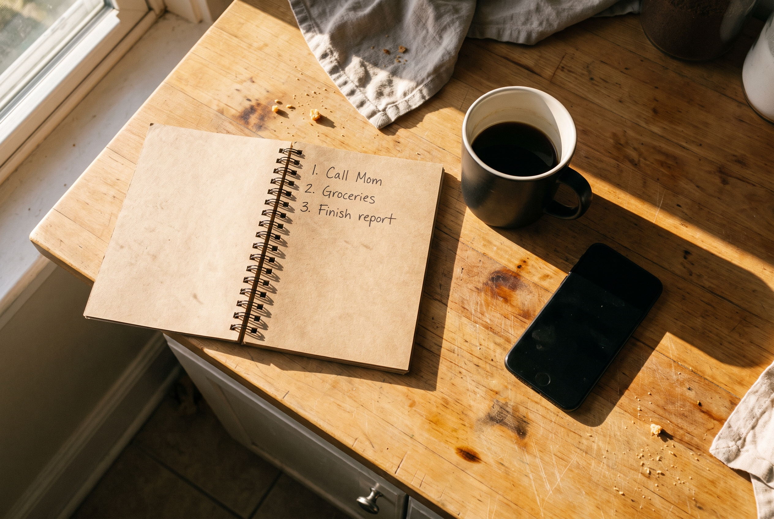 Notizbuch mit Tagesprioritäten und Kaffee — Planung am Morgen