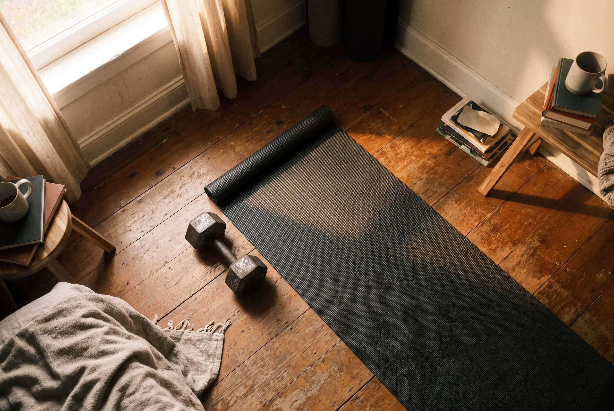 Yoga-Matte und Hantel im Trainingsraum — Bewegung in der Morgenroutine