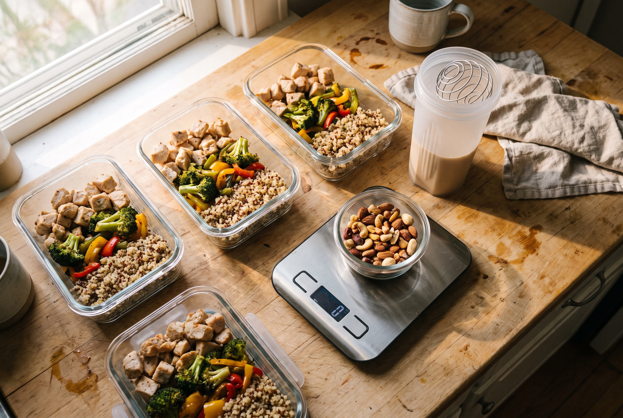 Meal-Prep-Boxen mit Protein und Gemüse – Ernährung für Muskelaufbau ab 40