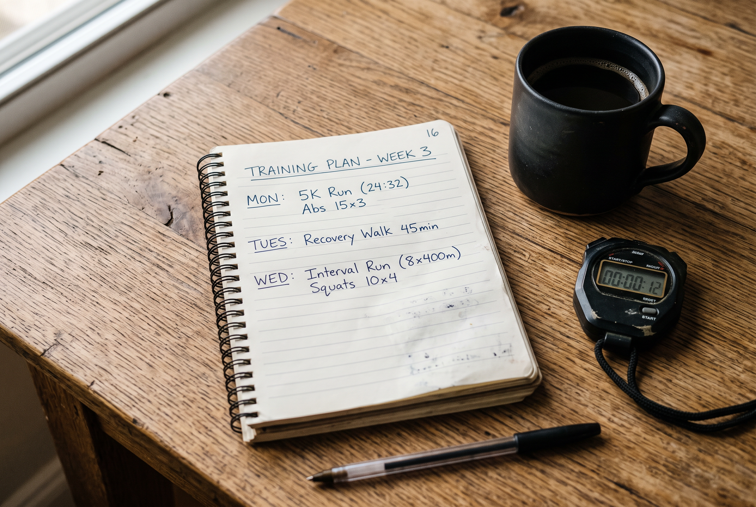 Trainingsplan im Notizbuch – strukturiertes Krafttraining ab 40