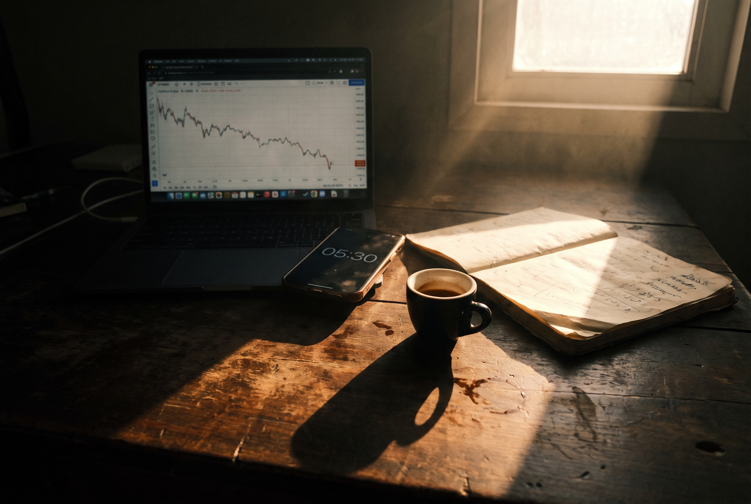 Nebeneinkommen aufbauen Vollzeitjob: Laptop mit Einnahmen-Tabelle, Smartphone, Notizbuch und Kaffee am frühen Morgen