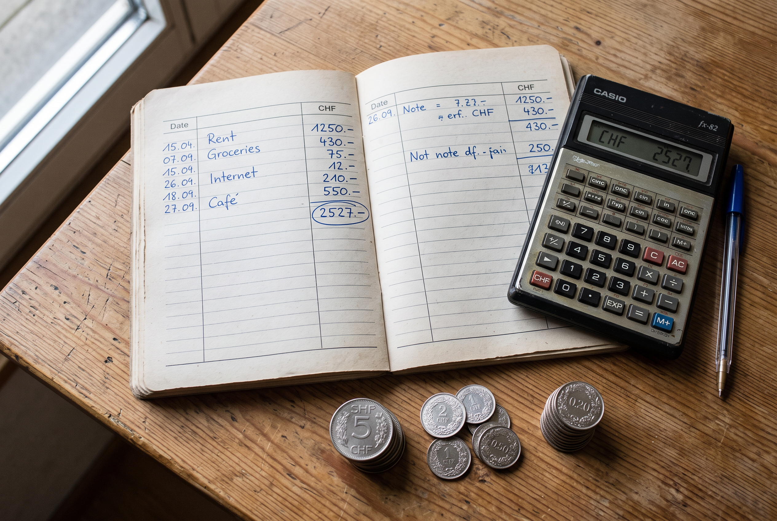 Budget-Planer mit handschriftlichen Franken-Beträgen, Taschenrechner und Münzstapel auf Küchentisch