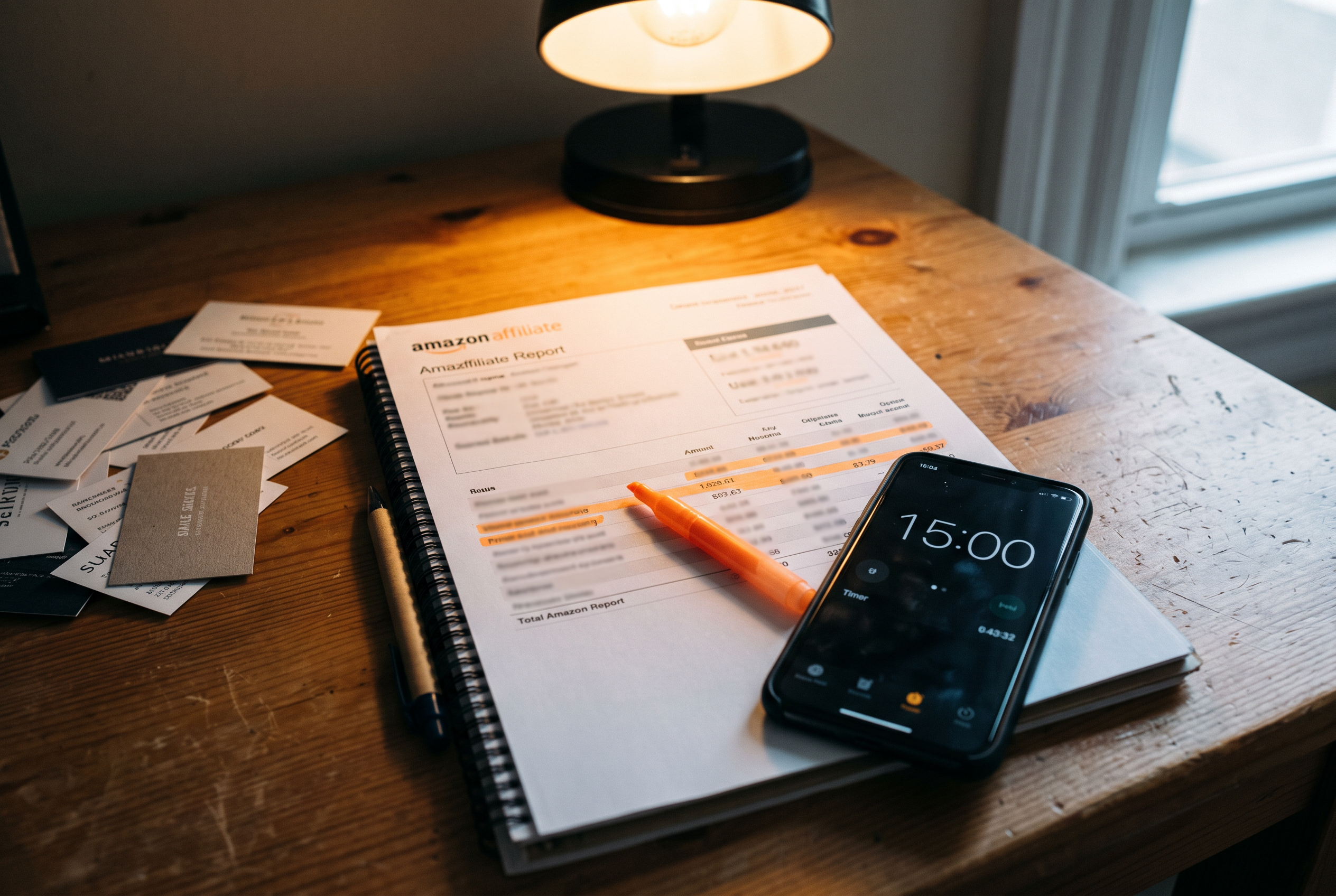 Gedruckter Affiliate-Report mit markierten Zahlen, Smartphone-Timer und Schreibtisch-Lampe