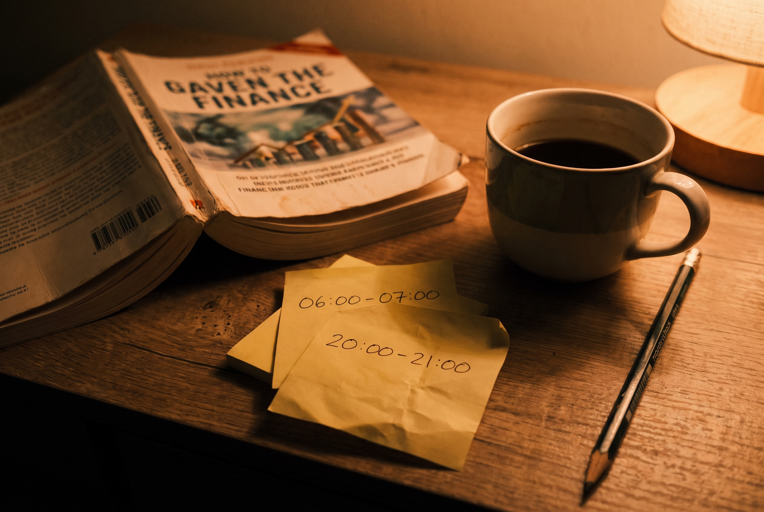 Aufgeschlagenes Buch über passives Einkommen, Post-its mit Zeitblöcken, Tasse und Bleistift am Abend