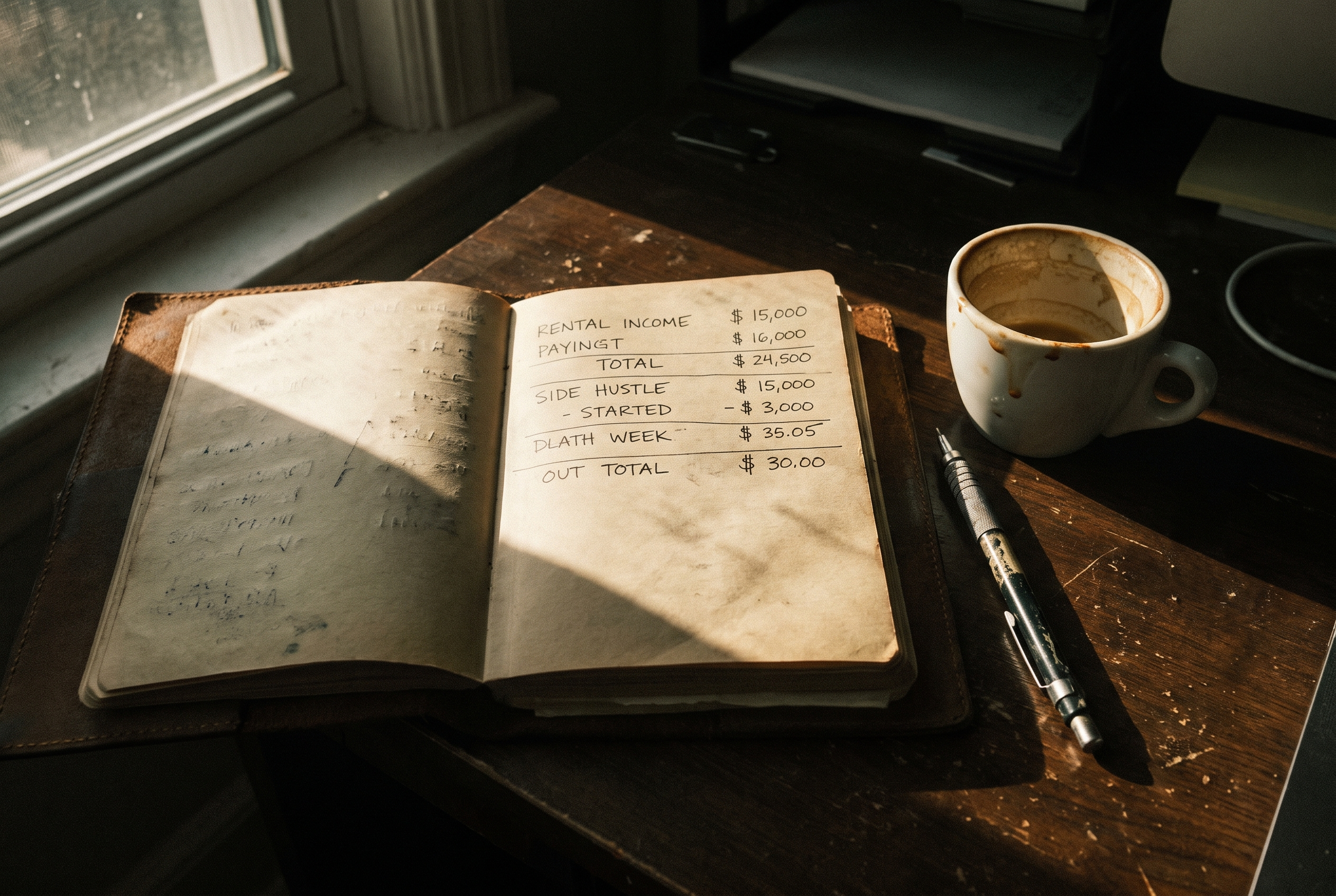 Notizbuch mit handschriftlichen Notizen zum passives Einkommen aufbauen auf Schreibtisch