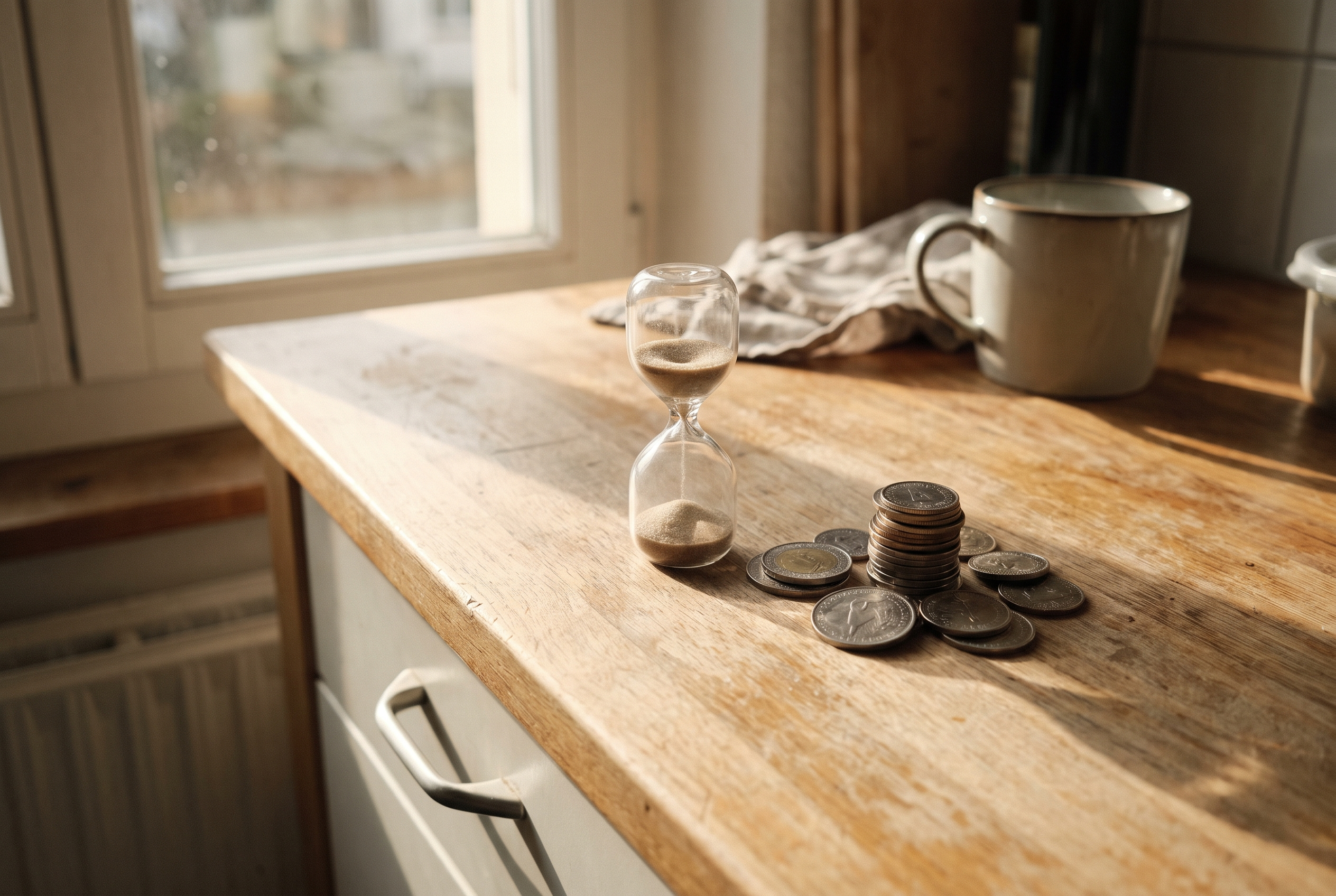 Münzstapel und Sanduhr symbolisieren Zeit und Geld beim Vermögensaufbau