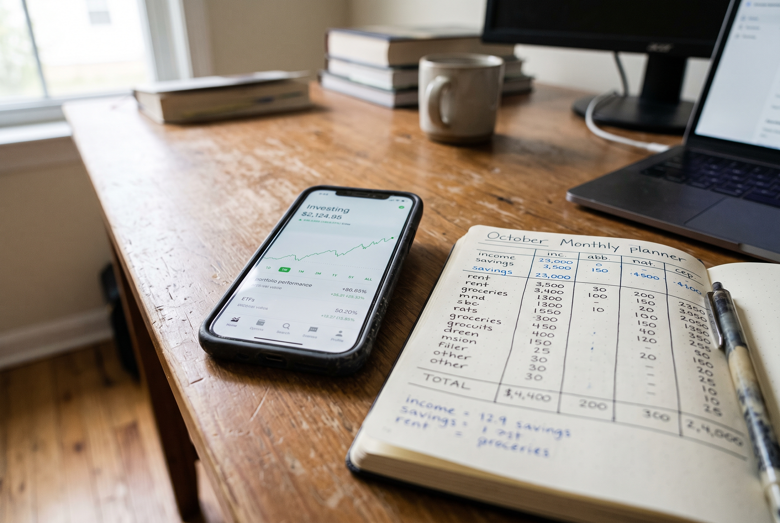 Smartphone mit ETF-Portfolio und handschriftlicher Budgetplaner