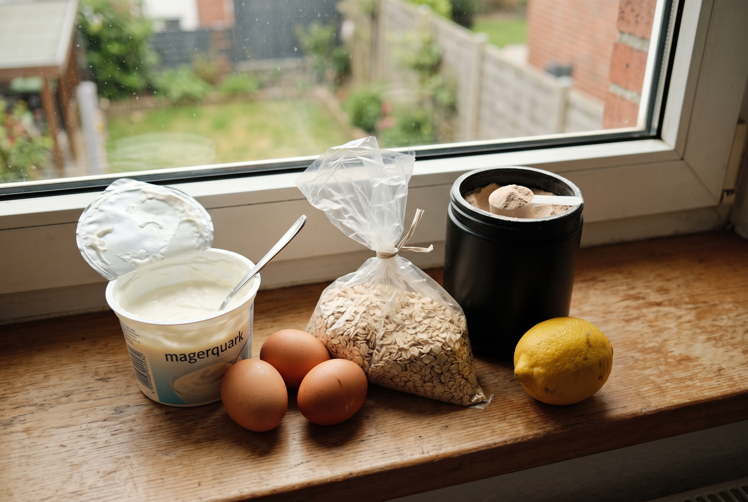 Zutaten für Protein Desserts — Magerquark, Eier, Haferflocken, Whey Protein