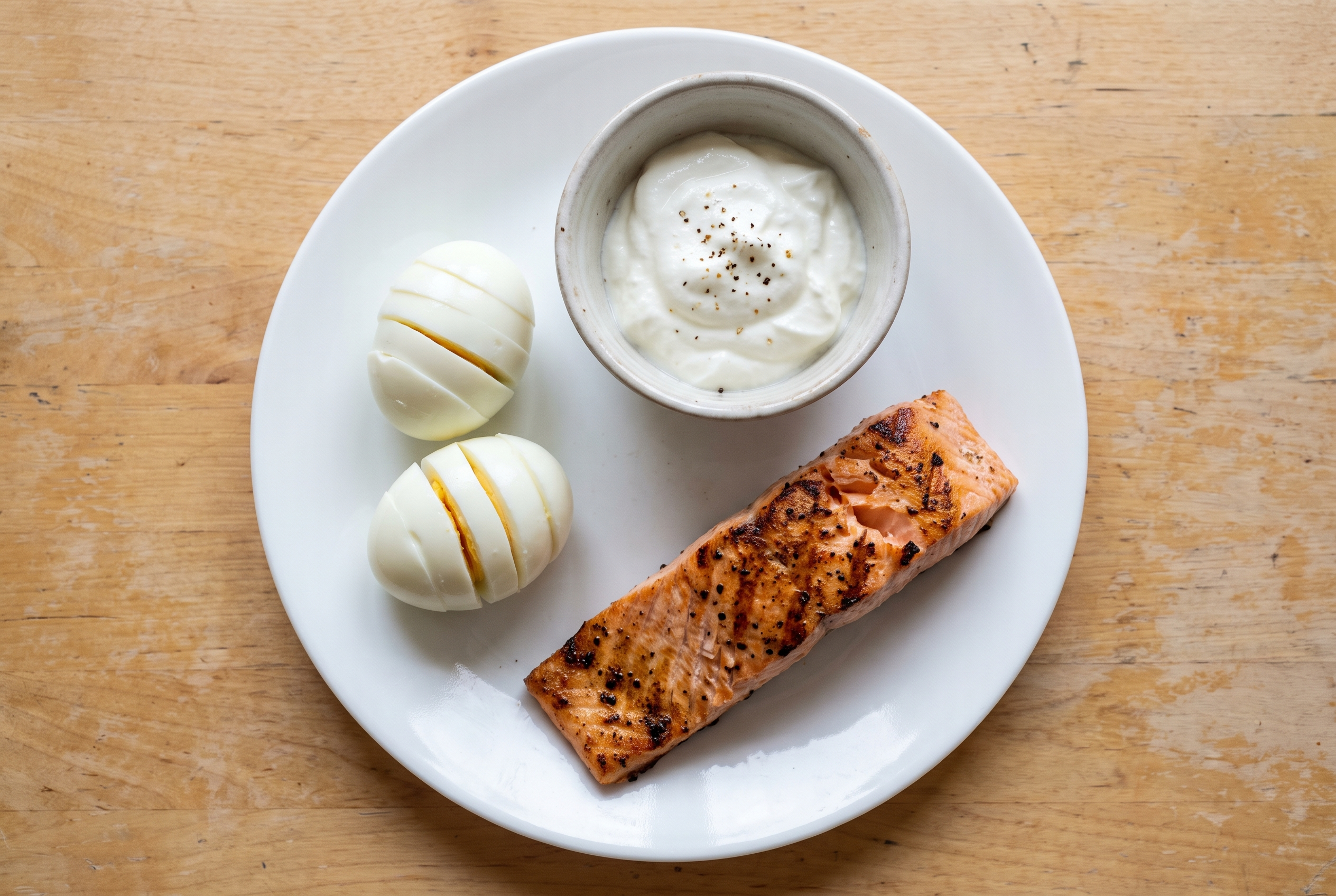 Hochwertige Proteinquellen — Eier, Joghurt, Lachs