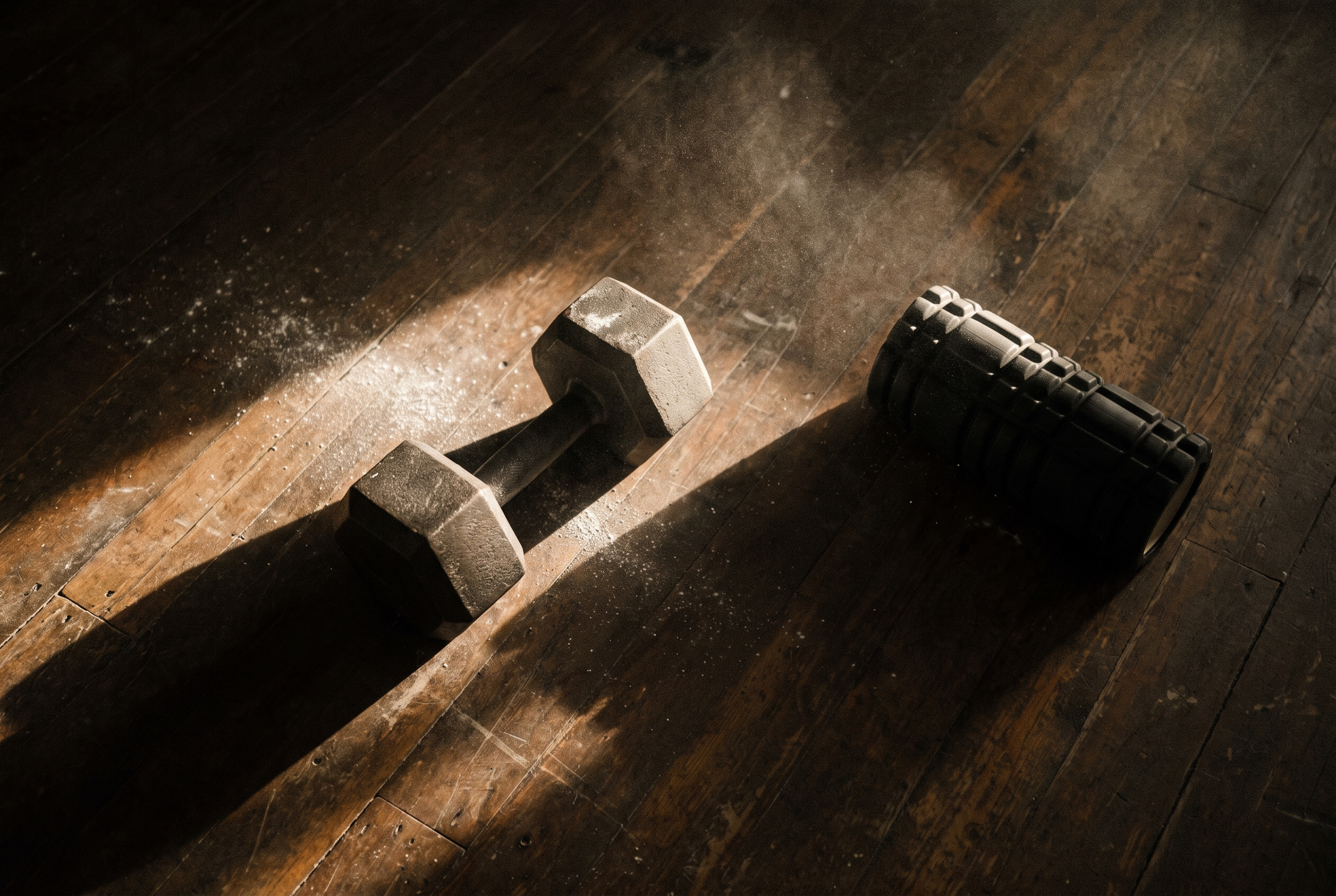 Hantel und Faszienrolle auf dunklem Gym-Boden nach intensivem Training — Regeneration nach Training beginnt hier