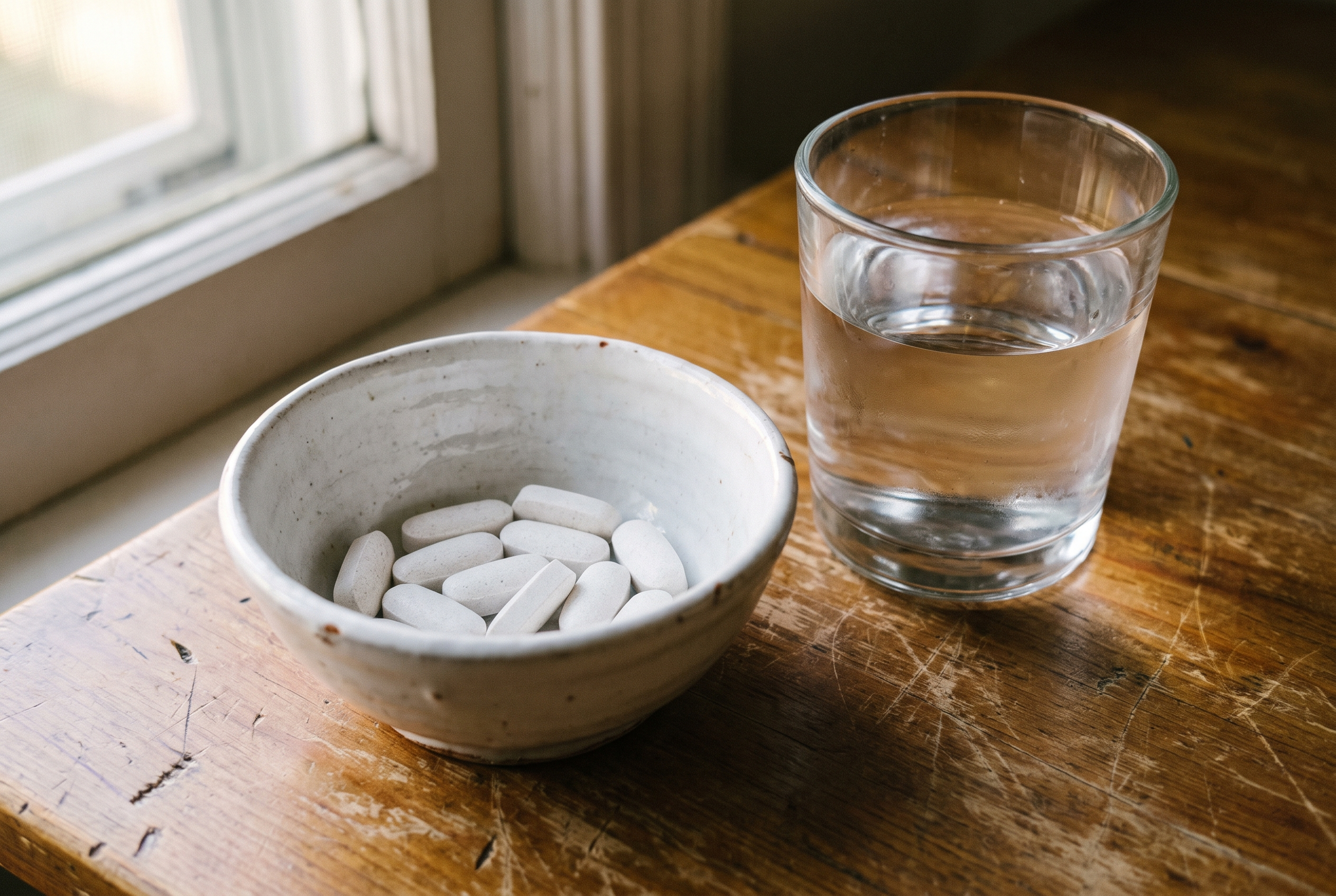 Magnesiumtabletten und Wasserglas auf Küchentisch — tägliche Regeneration nach Training Routine