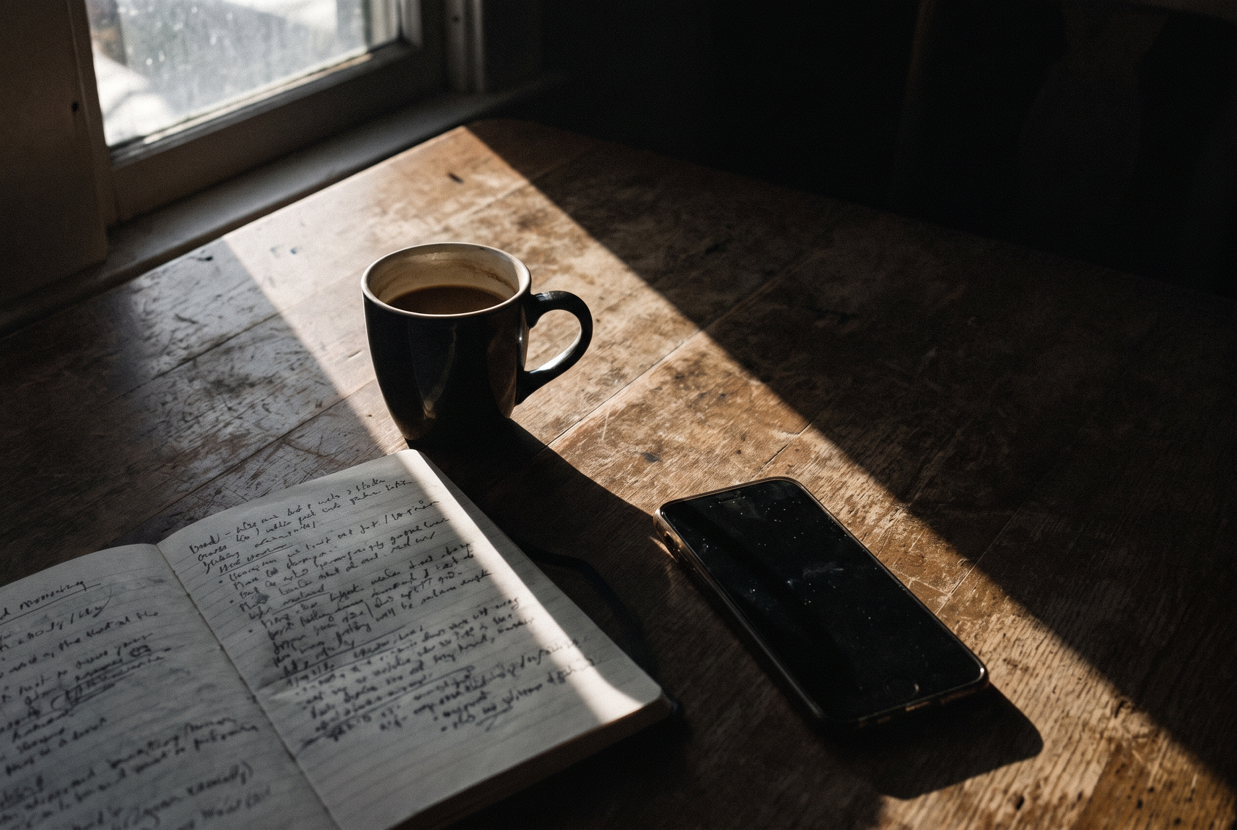 Morgenroutine für Männer: Tisch mit Kaffee, Notizbuch und ausgeschaltetem Smartphone im dramatischen Morgenlicht