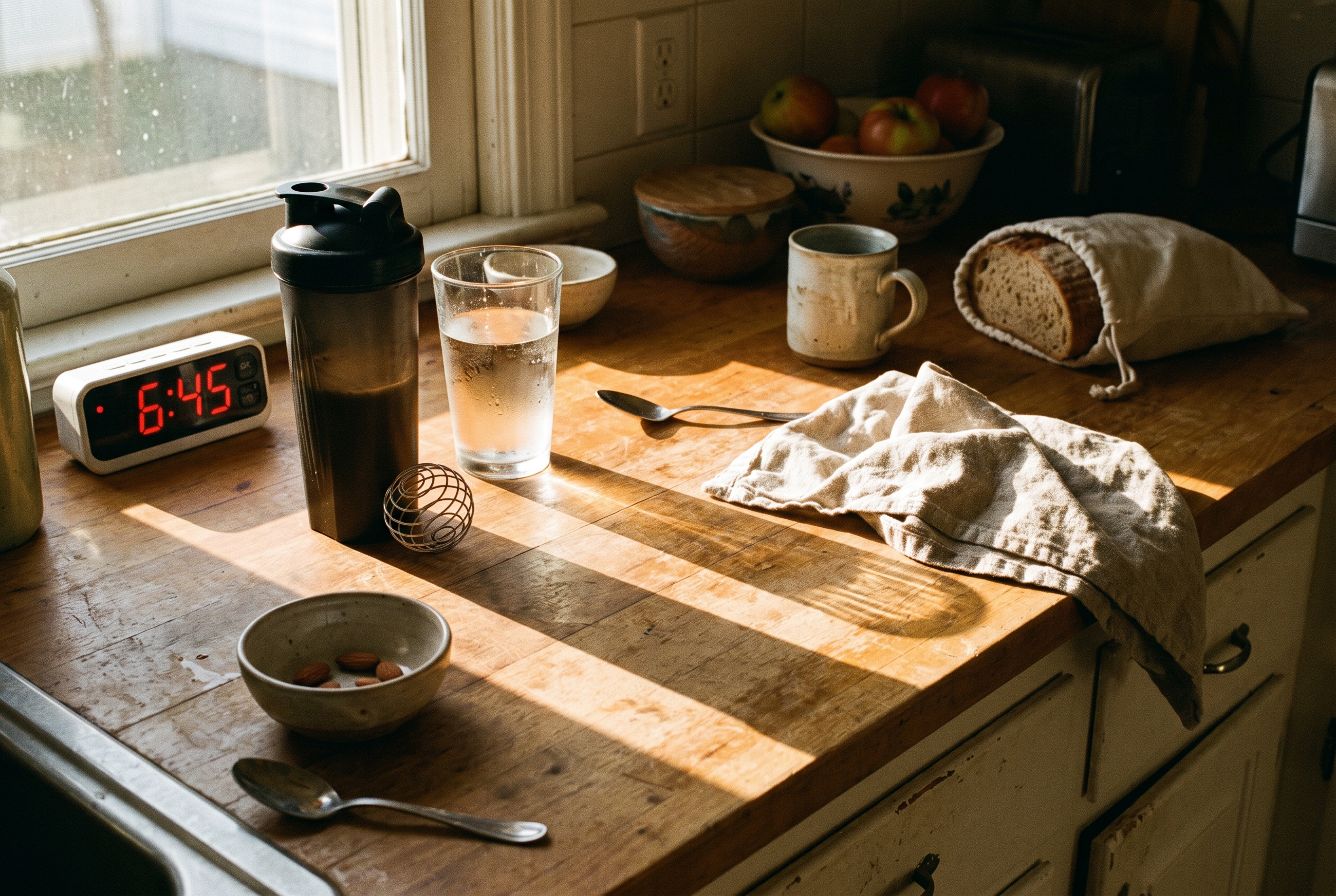 Einfache Morgenroutine: Frühstück, Wasser und Protein-Shaker auf Küchentheke