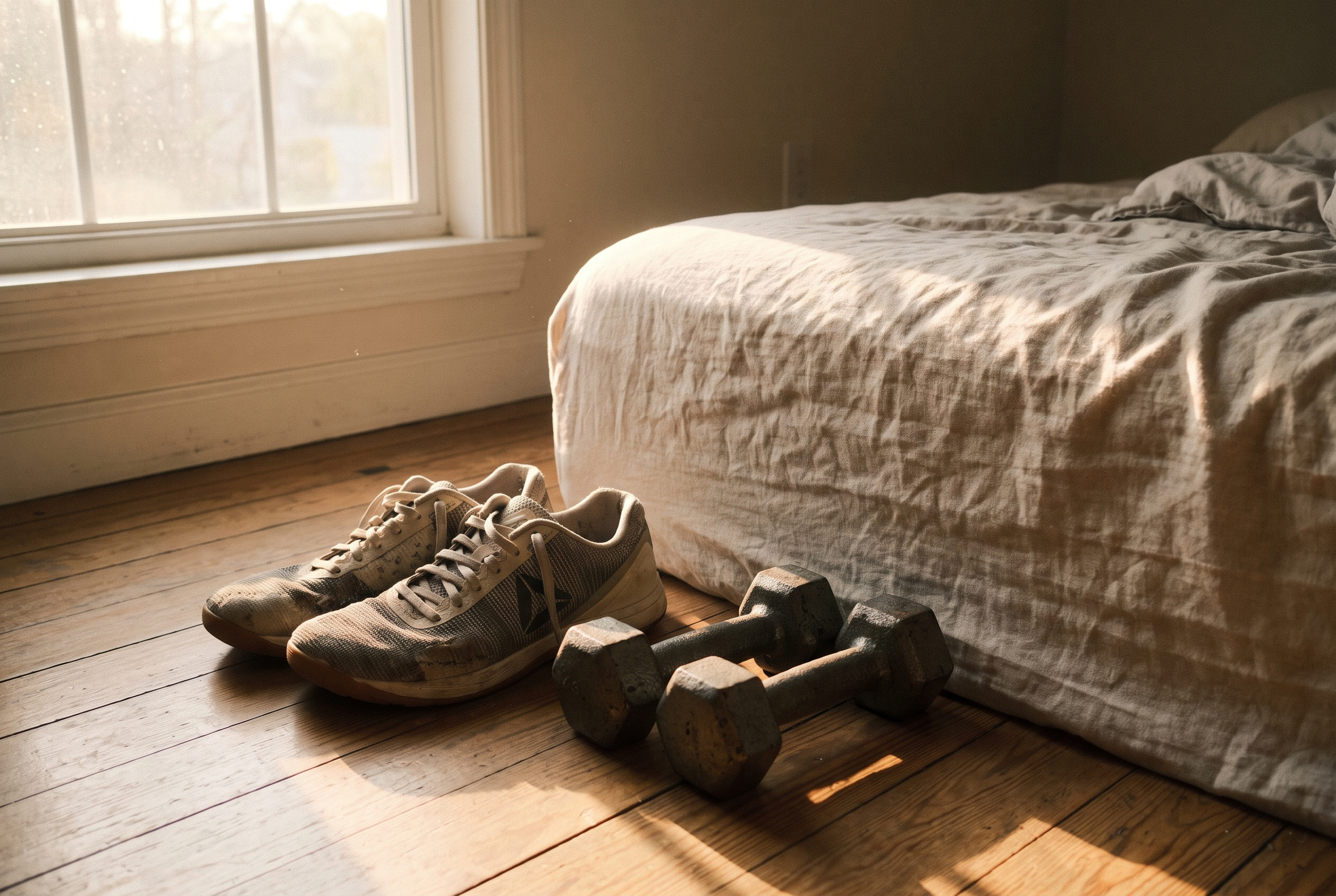 Trainingsschuhe und Gewichte bereit für morgendliches Training vor der Arbeit