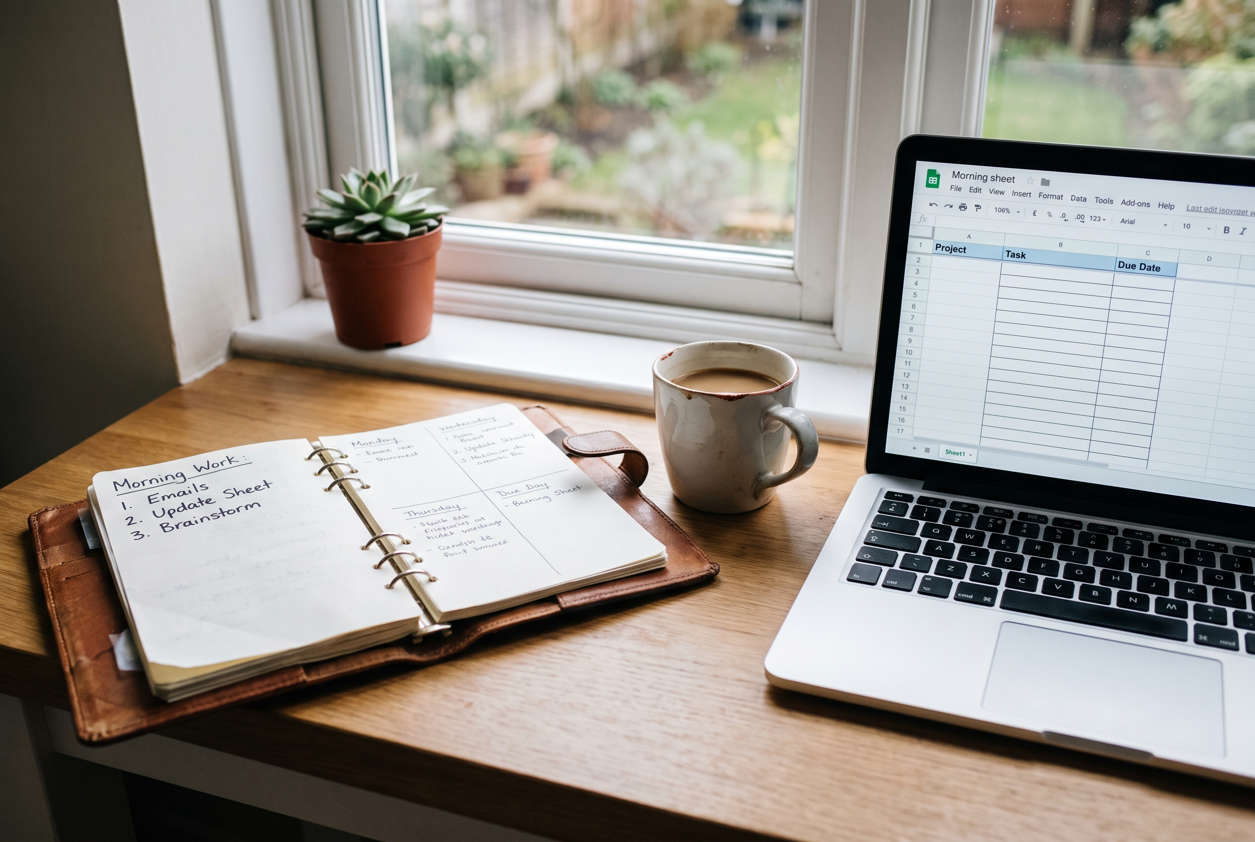 Strukturierter Arbeitsbeginn: Planer, Laptop und Kaffee am Schreibtisch