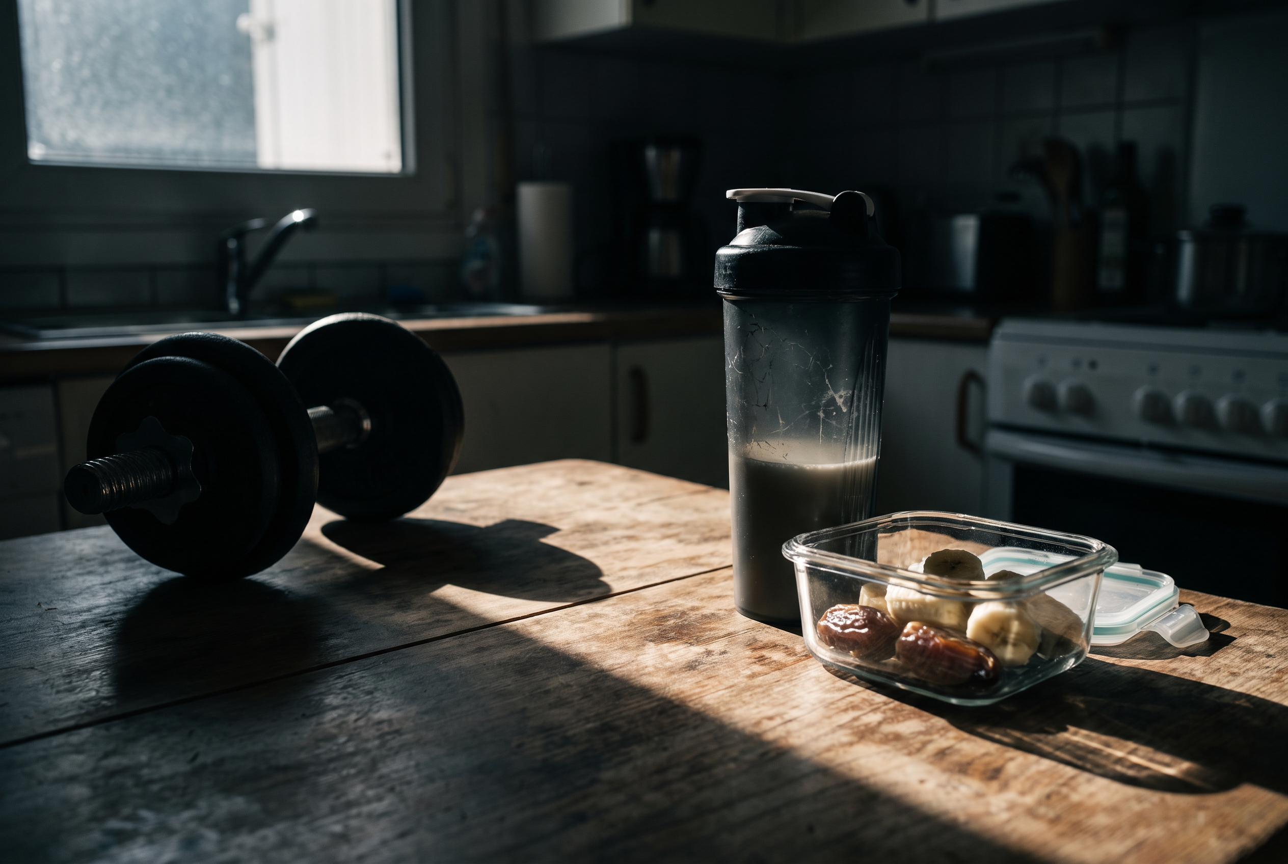 Sporternährung ab 40 — Proteinshake und schnelle Kohlenhydrate vor dem Training auf Küchentisch