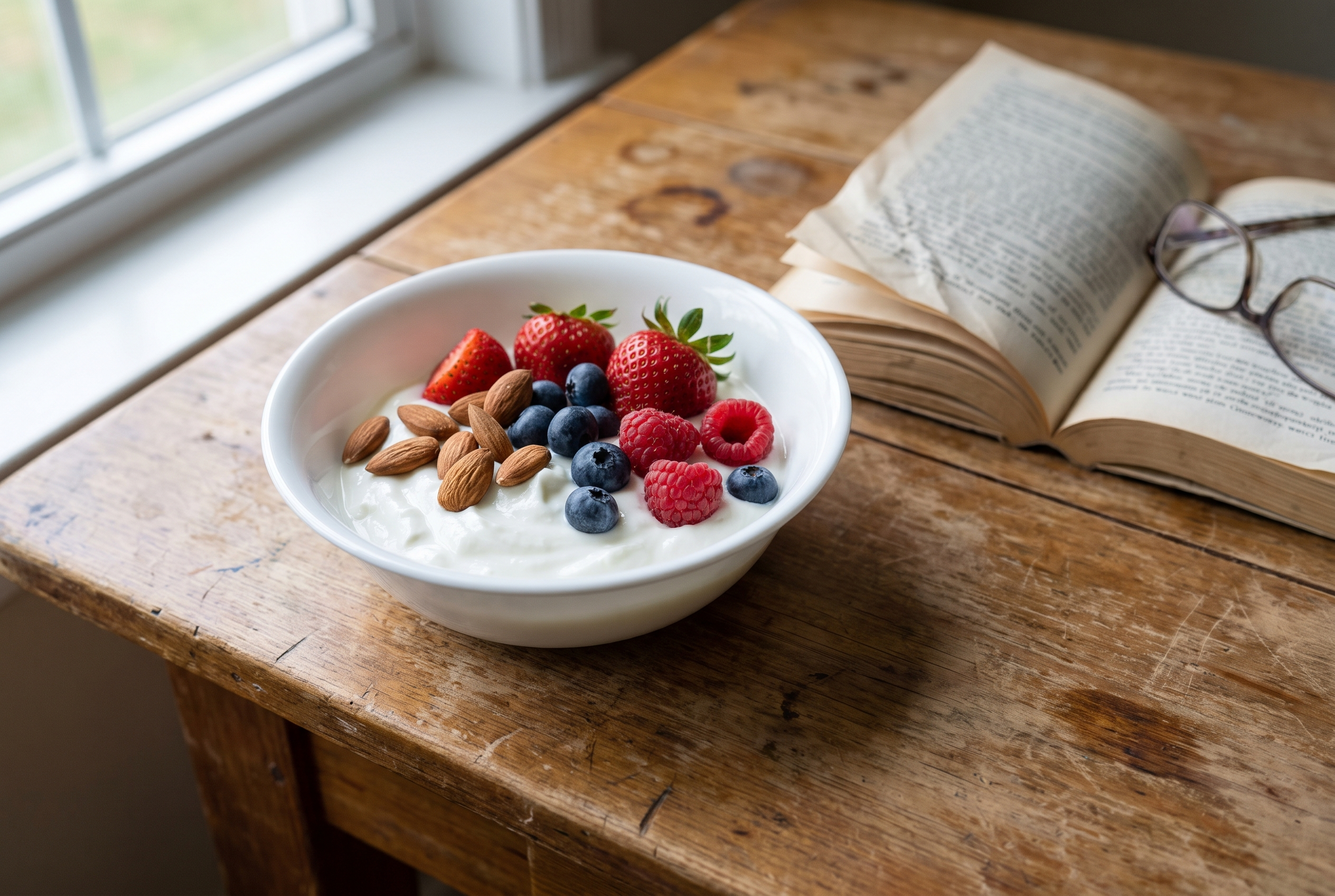 Proteinreiches Frühstück — griechischer Joghurt mit Beeren und Nüssen