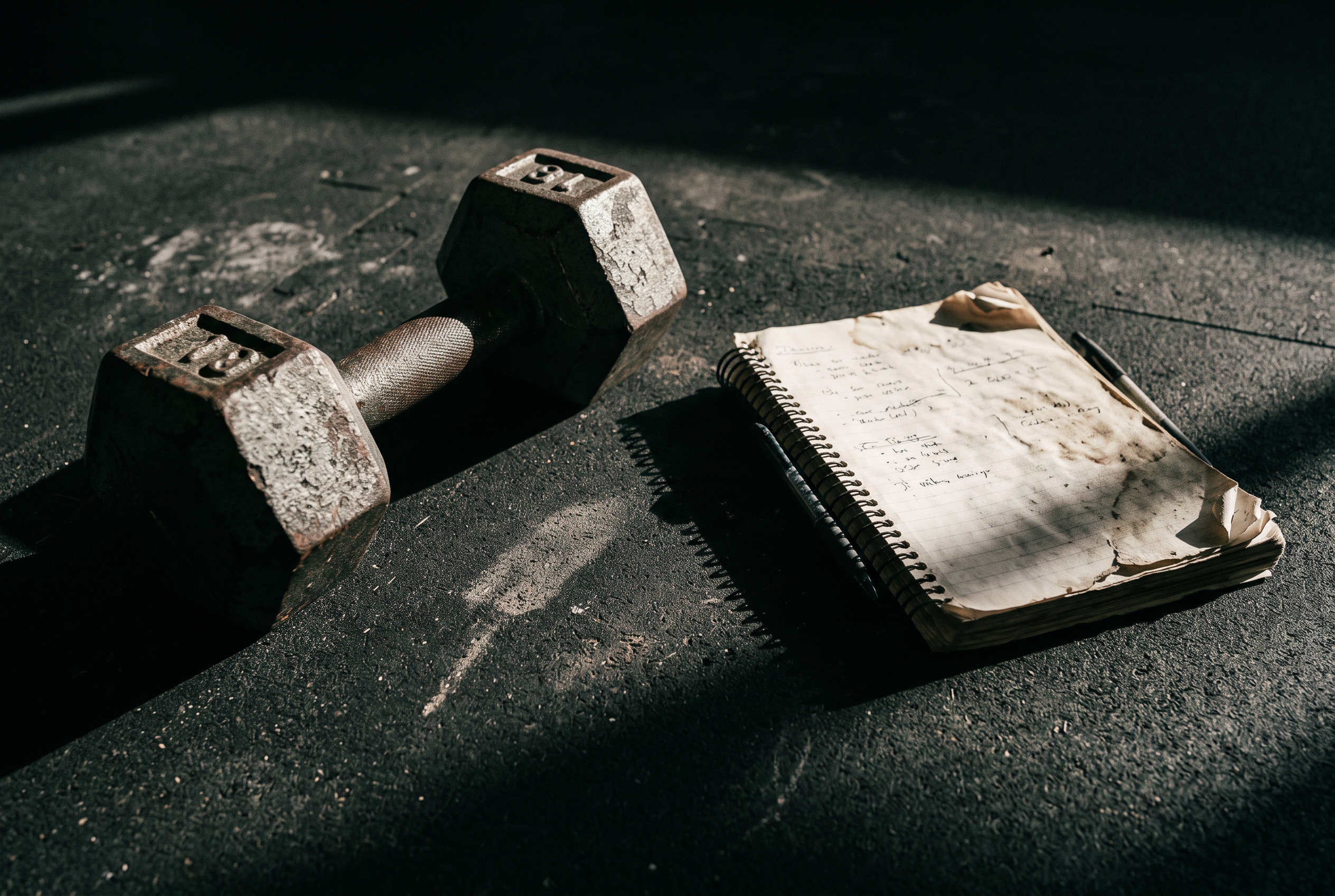 Trainingsplan Männer ab 40 Hantel und Notizbuch auf Boden