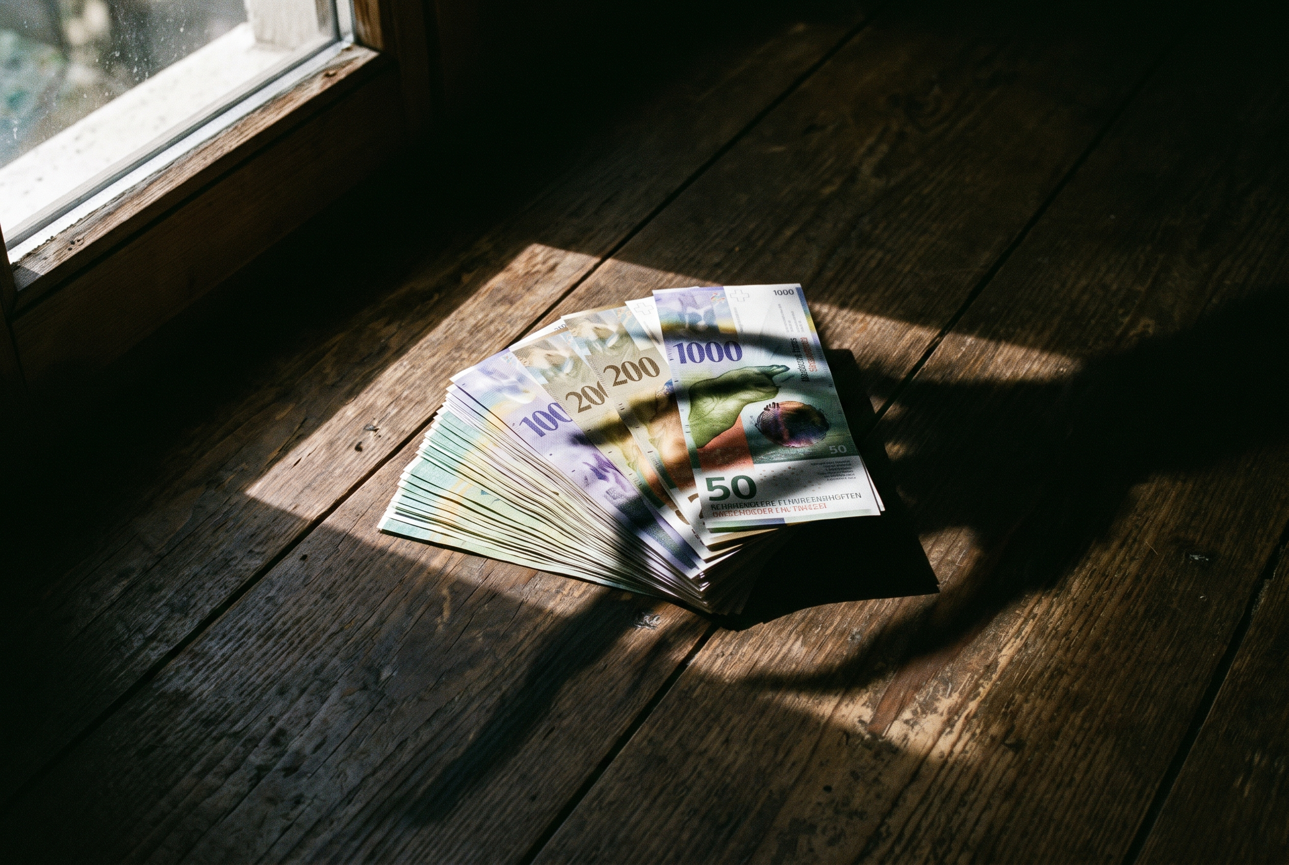 Schweizer Franken Banknoten im dramatischen Licht symbolisieren Sparkonto Inflation Verlust durch schleichende Kaufkrafterosion