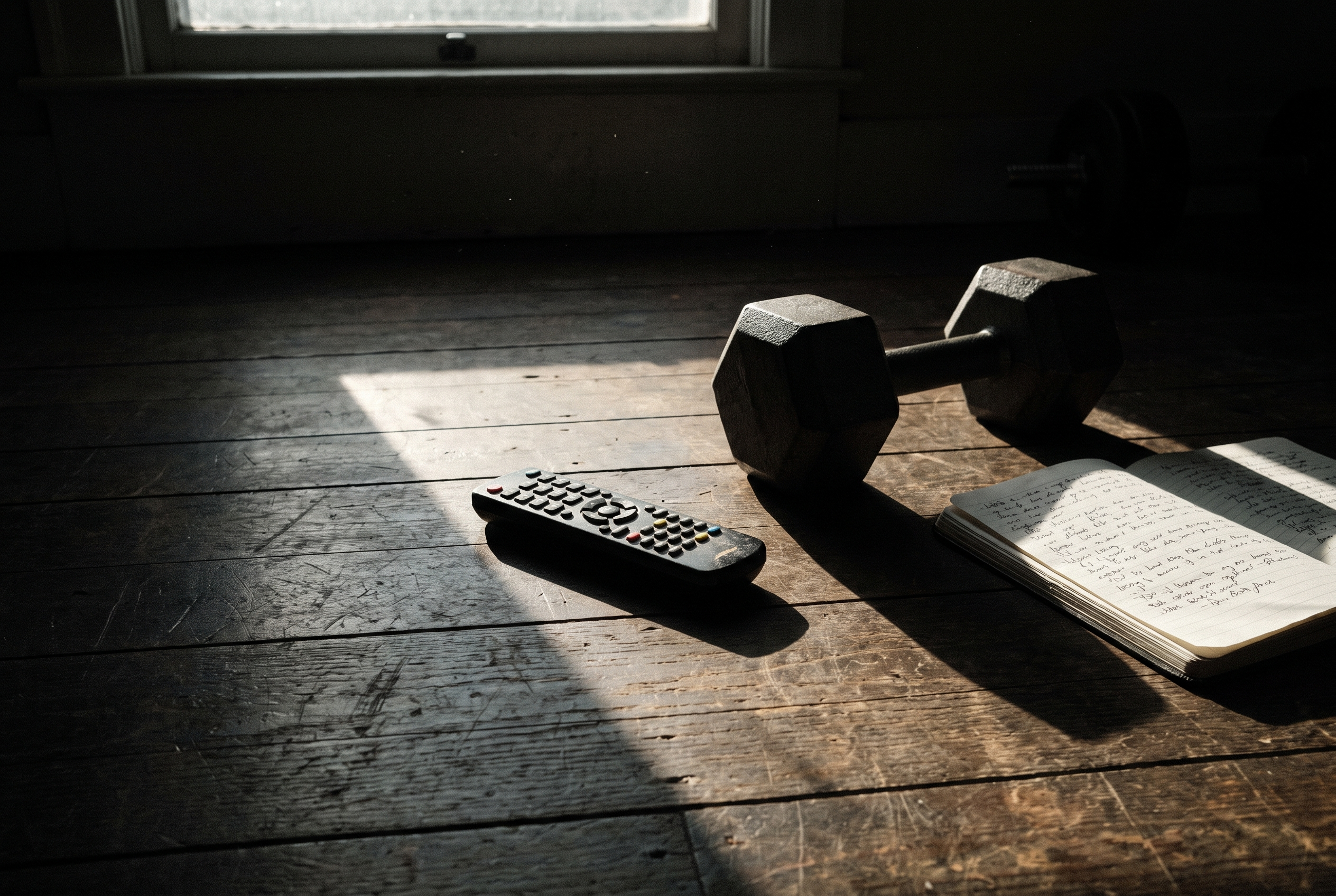 Weniger fernsehen Vorteile — Fernbedienung neben Hantel und Notizbuch
