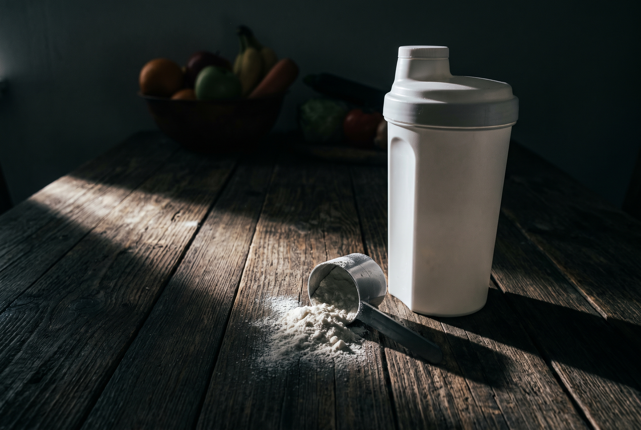 Whey Protein Test Vergleich 2026 – Shaker und Pulver auf dunklem Holztisch