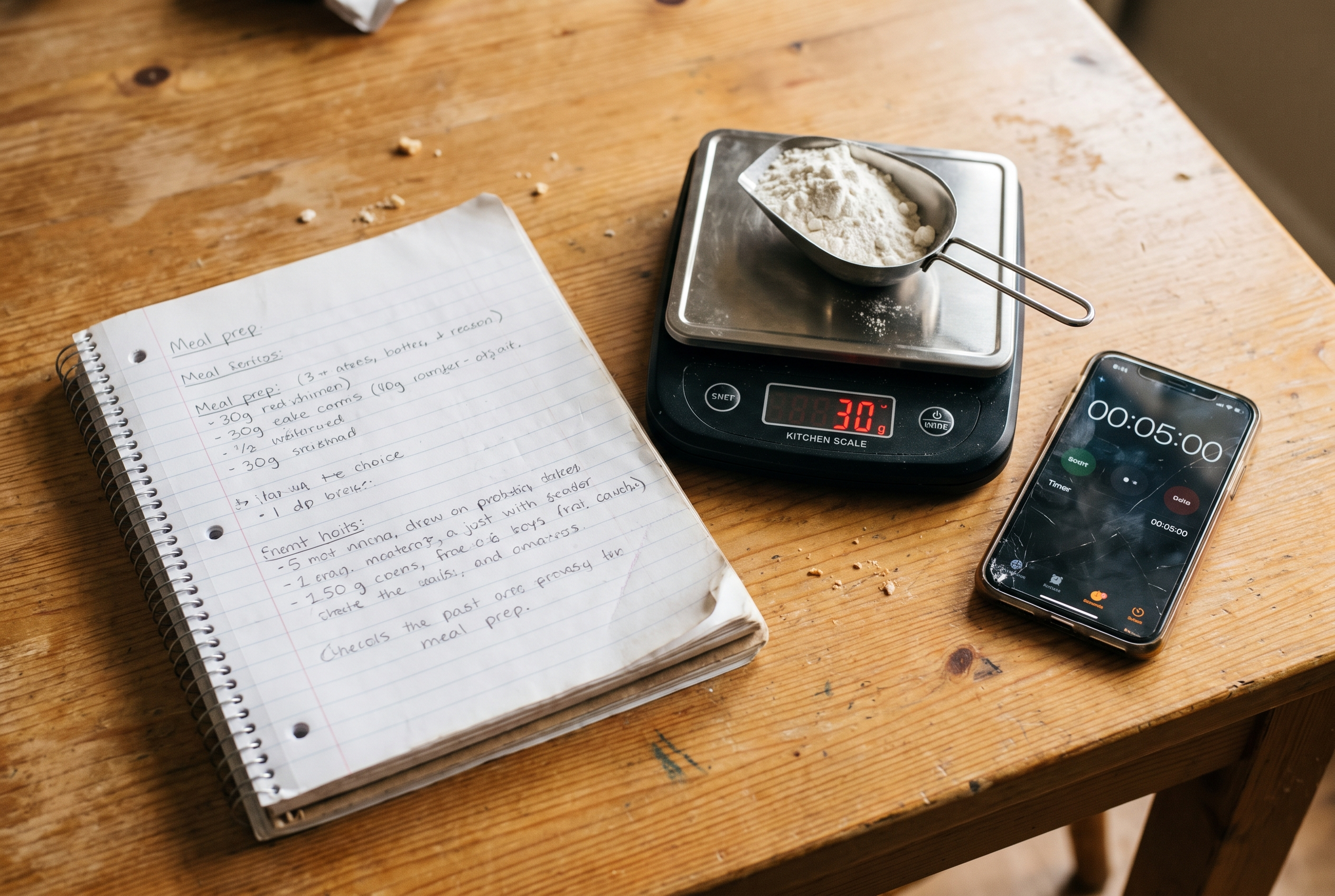 Whey Protein Dosierung tracken: Waage, Notizbuch und Timer