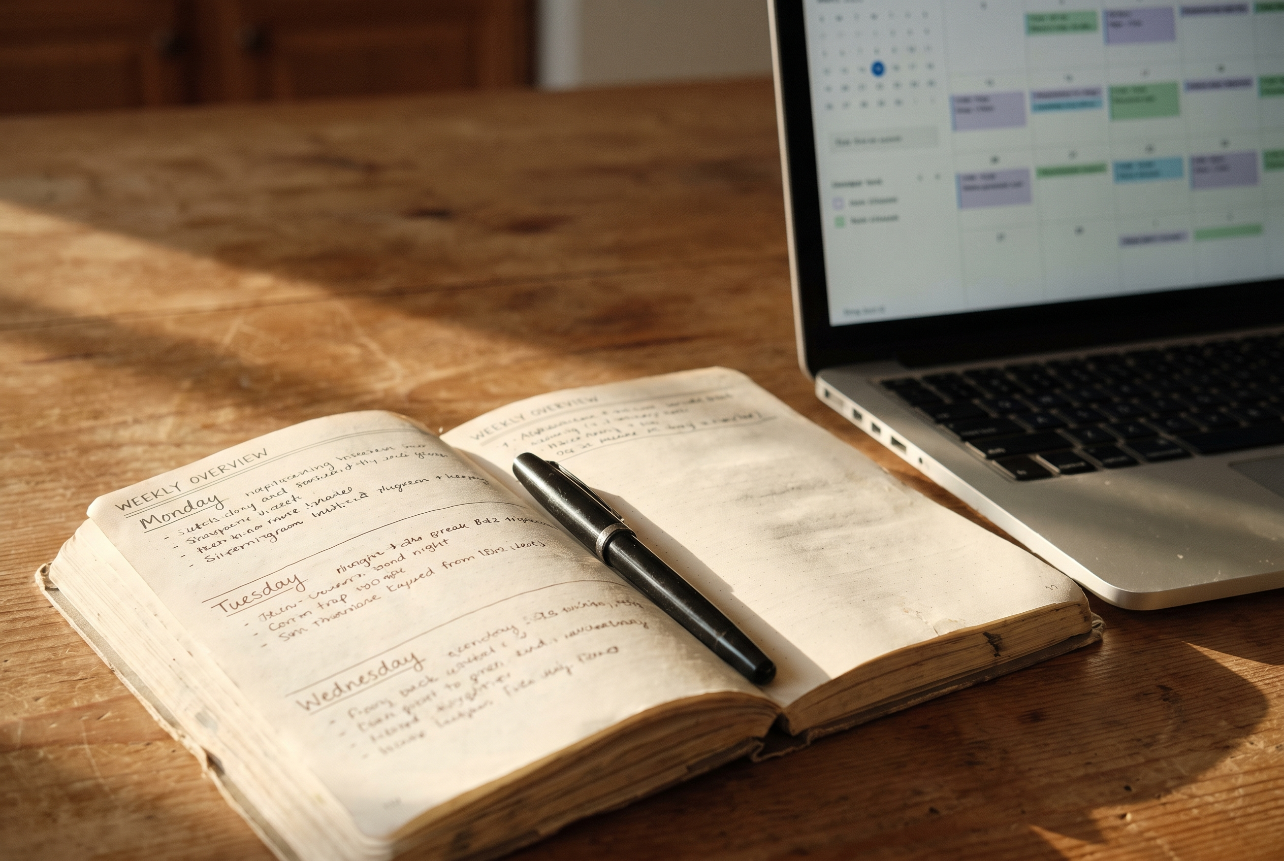 Digitaler und analoger Wochenplan kombiniert — Planungsroutine