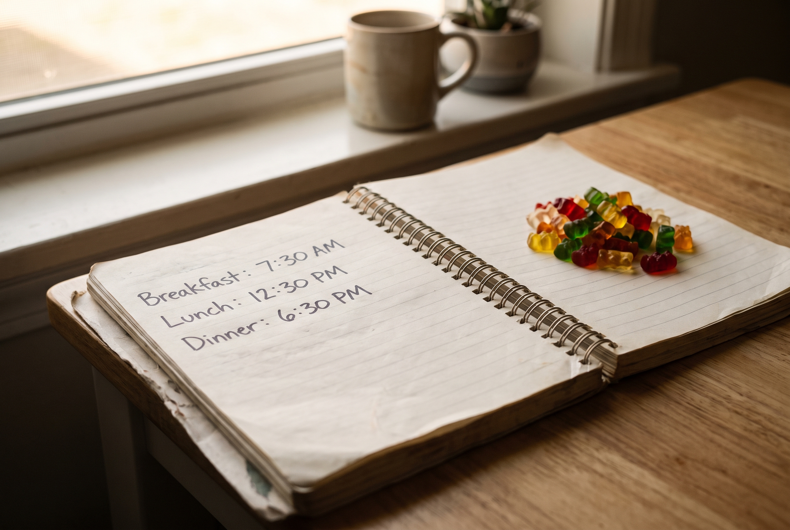 Notizbuch mit Trainingszeiten und kleine Packung Gummibären auf Küchentisch