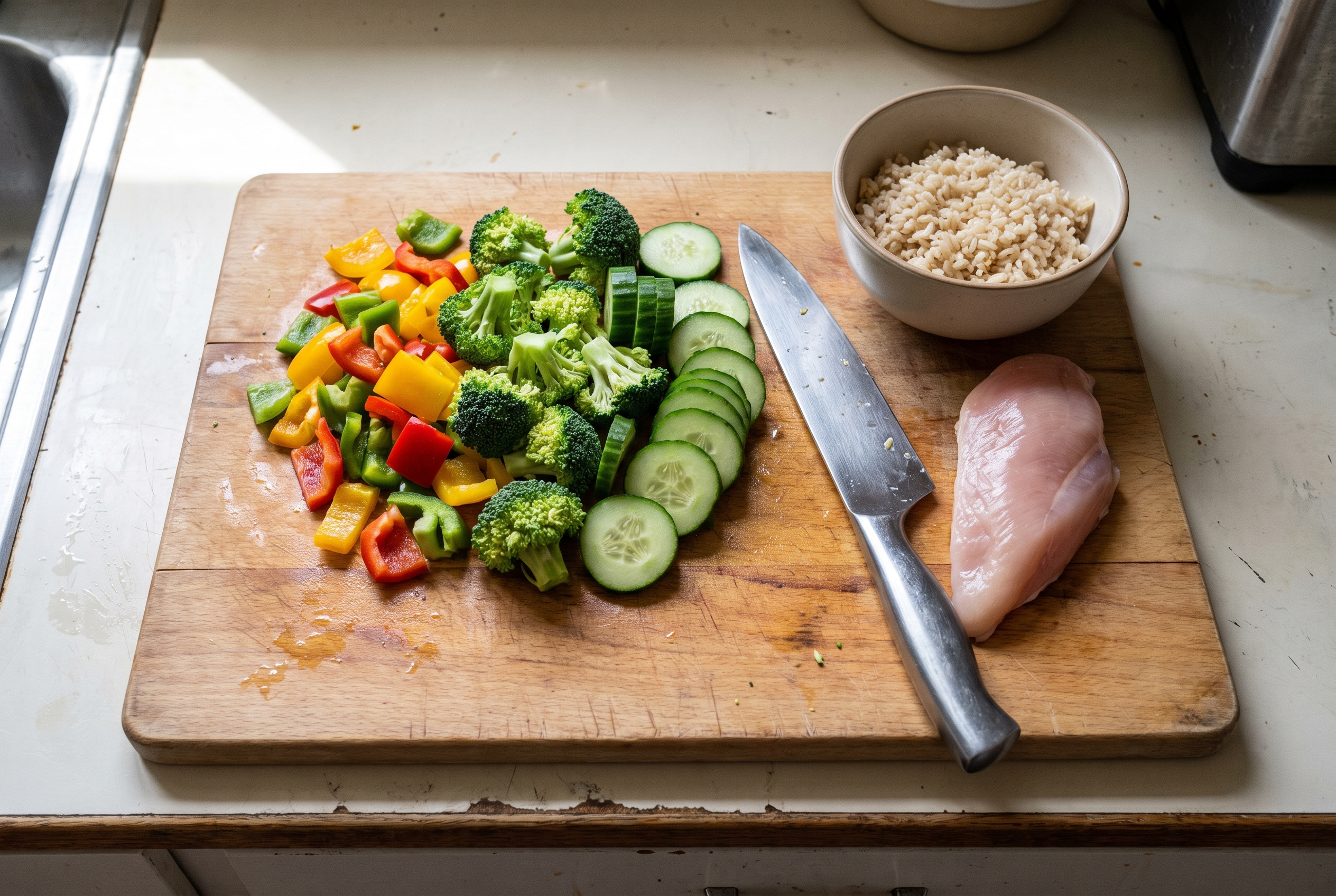 Frisches Gemüse, Poulet und Reis auf Schneidebrett – Clean-Eating-Alltag