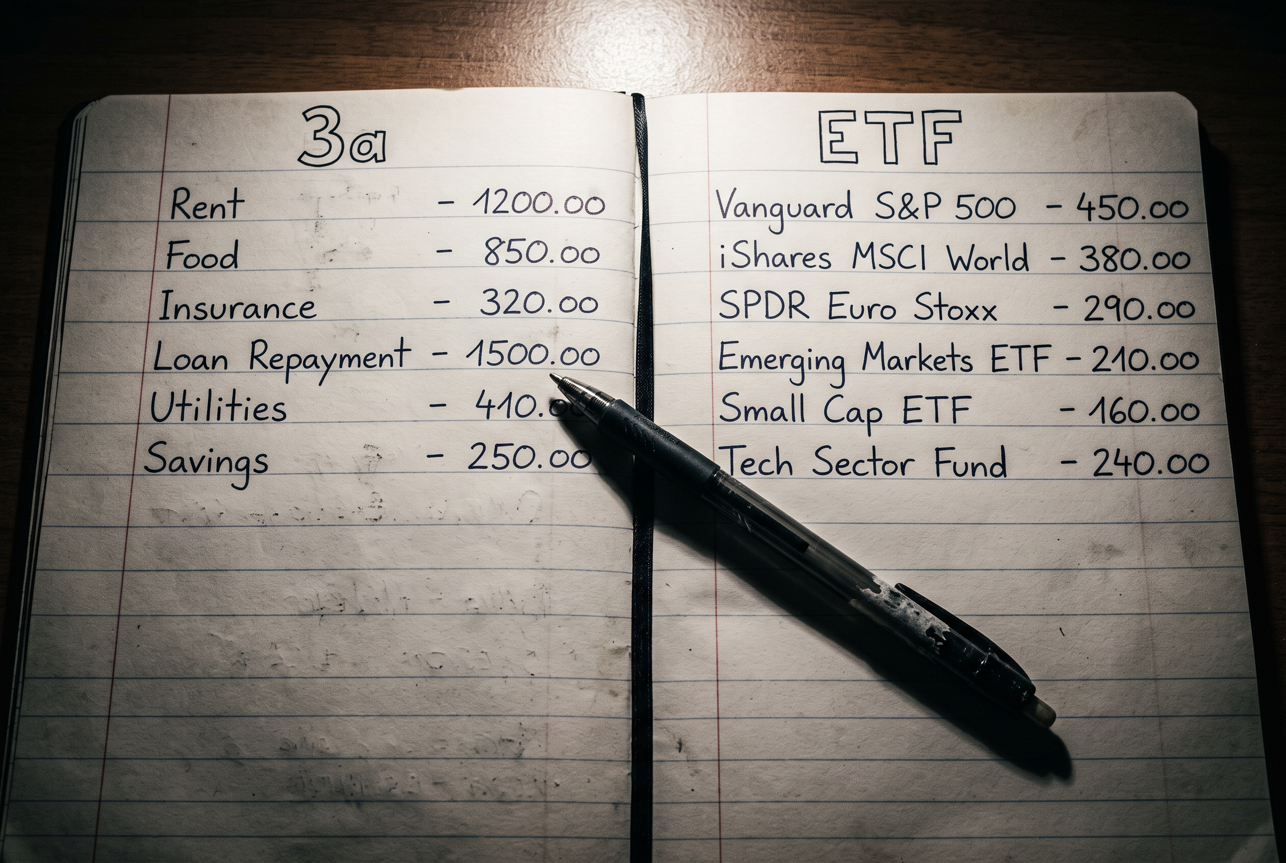 Handschriftlicher Vergleich 3. Säule oder ETF was lohnt mehr mit Beträgen in Schweizer Franken