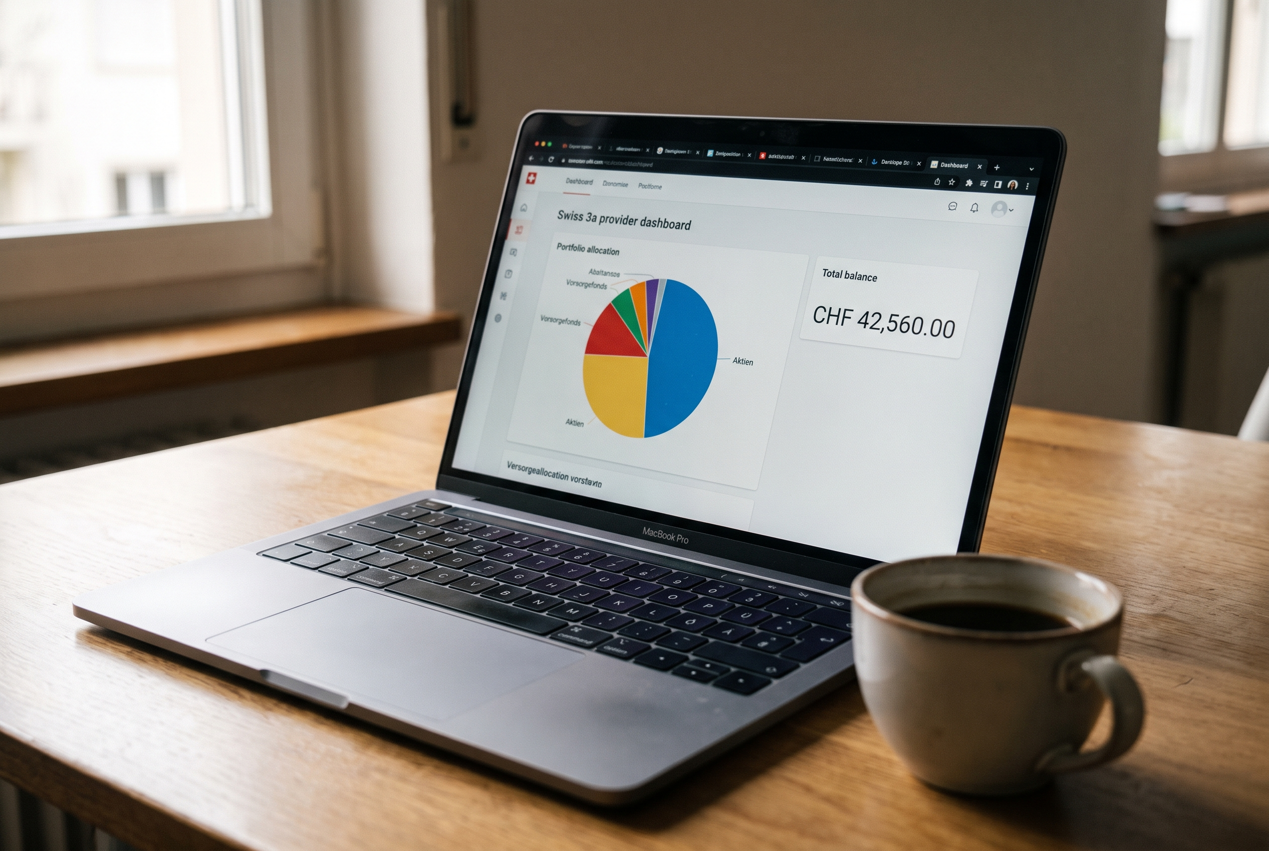 Digitales Säule 3a Portfolio auf Laptop-Bildschirm mit Schweizer Franken Beträgen